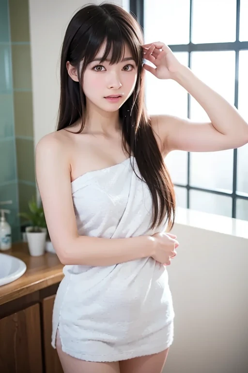 masterpiece, best quality, high resolution, 1 girl, Japan persons,black hair,half up,(after shower,team,posing wrapped in towel,woman getting wet and naked out of shower:1.1)POV,watching viewer,grabbing the door,upper body,small breasts,slim,