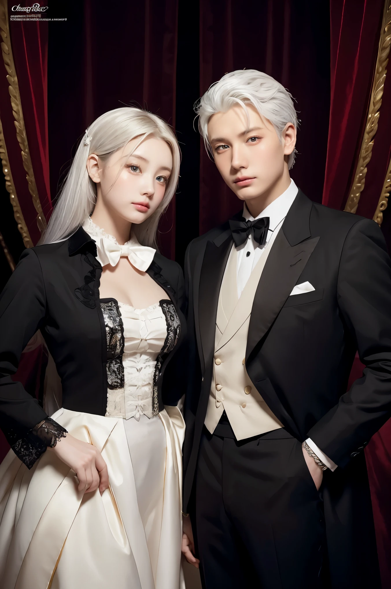 there are two people dressed in formal clothing posing for a picture, wlop and sakimichan, artwork in the style of guweiz, wlop and ross tran, wlop and andrei riabovitchev, neoartcore and charlie bowater, loish and wlop, knight and princess, loish and ross tran, with white hair