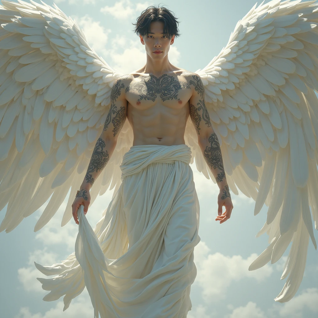short haired guy with angel wings 6 wings 6 pack body wearing open chest shirt with chain necklace, 8K high definition sun cloud scene, Best quality, Masterpiece, Ultra high definition, ( Realism: 1.4), Original image, (Actual skin texture: 1.3), (Film grain: 1.3), (Panoramic angle )