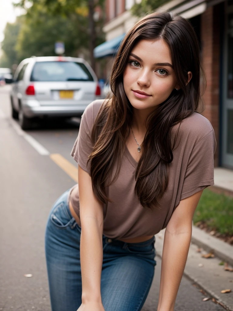 arafed woman, long brown hair, brown eyes, seductive look, white low-cut silk shirt, blue fitted jeans, sunset modern metropolis, spot lighting, light on hair, shallow depth of field, homogeneous background, looking at viewer, sexy