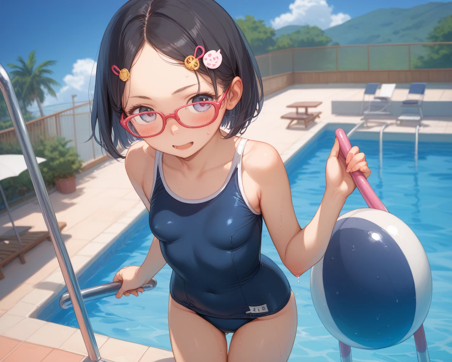 ,(girl ,short stature,) ,flat chest,nsfw,big head, rotund.see-through one-piece-swimsuit,braid hair, poolside.,stand,cowboy shot,hand up,glasses