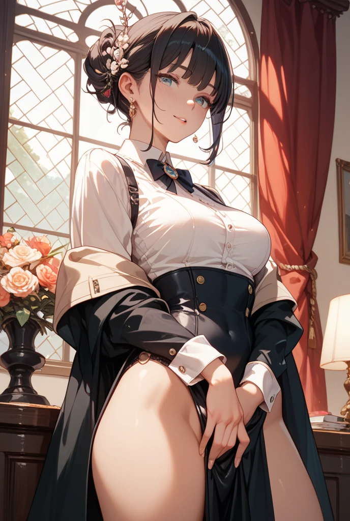 (masterpiece), Mature Woman,Noble, Small breasts,former, Luxury floral lace underwear, Natural light, Realistic, pink,Diffuse Light, Written boundary depth,, vapor, (Lift up your skirt), (urination), With a smile.Lace Stockings,Big nipples,Areola,
