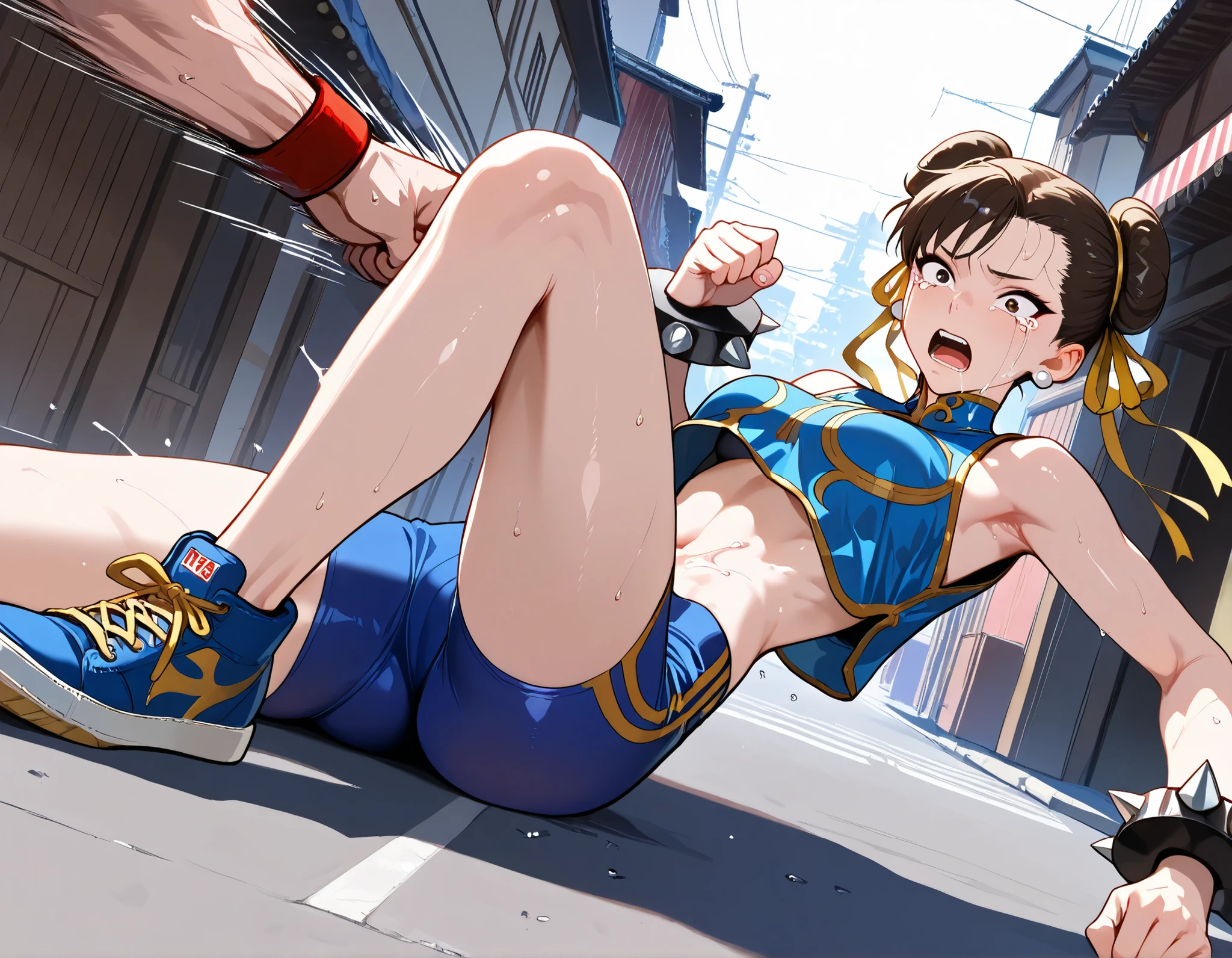 (masterpiece,best quality:1.2,amazing quality,very aesthetic,absurdres,newest),dougi,ryu,Chun-Li,Street Fighter zero,1man vs 1woman,(man is punching woman's stomach),fighting,(young adult),(very small head:1.2),(ideal ratio body proportions:1.2),(slender body:1.2,skinny:1.2),medium breasts,twin buns hair,pain,tears,open mouth,sweat,blue mandarin collar shirt,sleeveless,midriff,blue compression shorts,blue sneaker,lying,on street, Oriental street,dynamic angle,