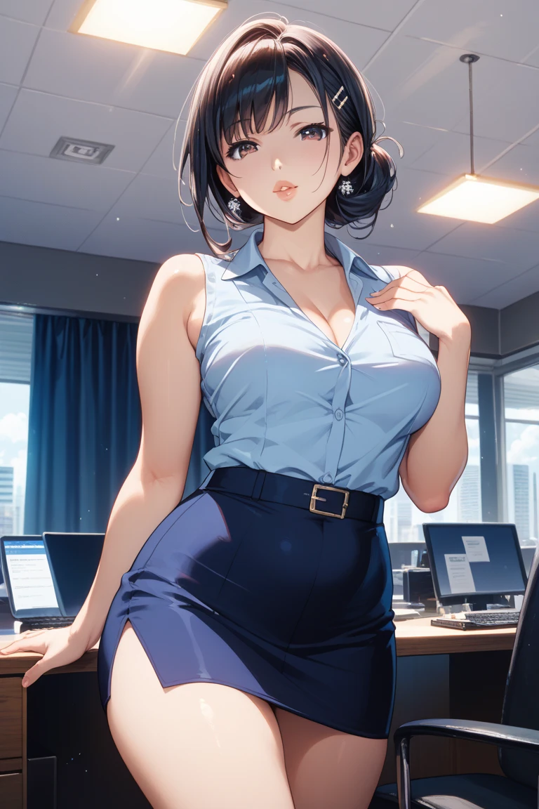 masterpiece, best quality, finely detailed, 1 girl, full body photos,facial expression of patience,(brown short hair), (bishoujo),(furrowed brow),(disapproving expression),(I want you to show me your pants while making a disgusting face), (fair skin),(brown eyes), (eyelashes), (huge breasts), (cleavage), (blue ladies' shirt:1.2), (mini skirt:1.2),(white skirt), (pure white panties:1.2) ,can see panties, delicate interior design,legs open emphasis,erection,white walls,white office desk and chair, in company