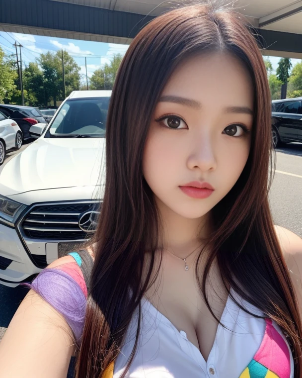 Phenomenally beautiful girl, put her in the passenger seat of a convertible, driving at high speed along a beautiful seaside road, her hair fluttering wildly in the strong wind!