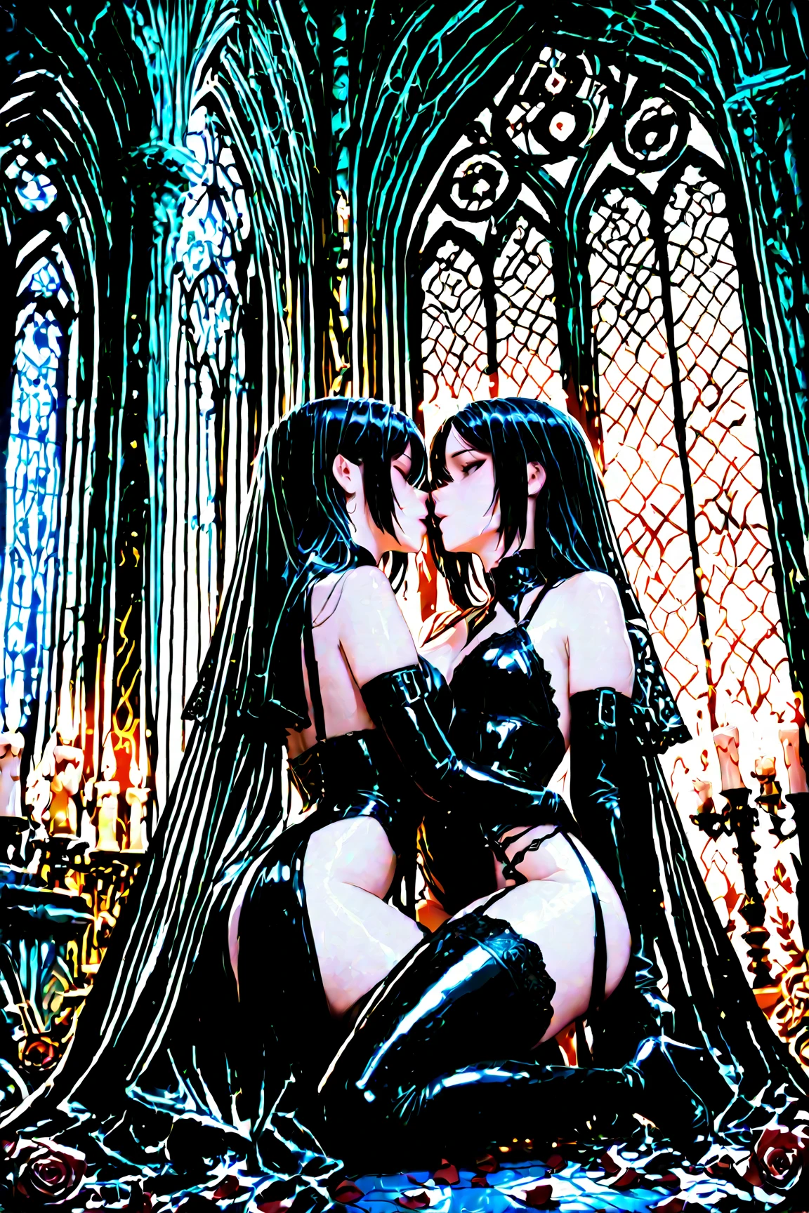 best quality, masterpiece, highres, 3 noble girls, luxury chambers bedroom background, lying on bed, sexy and cute, lesbians, horny, making out, romantic, passionate, kissing, intimate, laying on eachother, hugging, touching each other, touching butt, touching brests, kneeling, shot from behind, touching eachother, seducing, snapping, white and even teeth,full body shot, shot from behind, makeup, eyes with very sharp and detailed makeup, lipstick, very long hair, different hair colors, ponytail, hair ornaments, Pretty face, magic import style, tyndall effect, photo realistic, dark studio, border light, two tone light, (high detail skin: 1.2), 8k uhd, dslr , soft light, high quality, volumetric light, candid, Photo , high resolution, 4k, 8k, Bokeh, In the Dark: 1.6), surreal full body of women by David Hockney and Alphonse Mucha, fantasy art, photorealism, dynamic lighting, station art, posters, volumetric lighting, highly detailed faces , super 8k, Awarded, in the dark, deep shadow, low light, bust, Royal style family, Best face, Very round and tight breasts, Surreal, guweiz, (full body), (Background detail 1.8), moderately big butt, asian style, maid, bride, wearing maid outfit, wearing wedding dress, victorian dress, lace dress, gothic style, asian face, sharp cheekbones, lace corsait, choker, collar, long gloves, dress, miniskirt, makeup, stockings, stocking garter, all wearing stockings, lace stockings, stockings with hooks on underwear, garter belt, very long boots, wearing overkenee boots, high heels, stilettos, goth style, gothic style