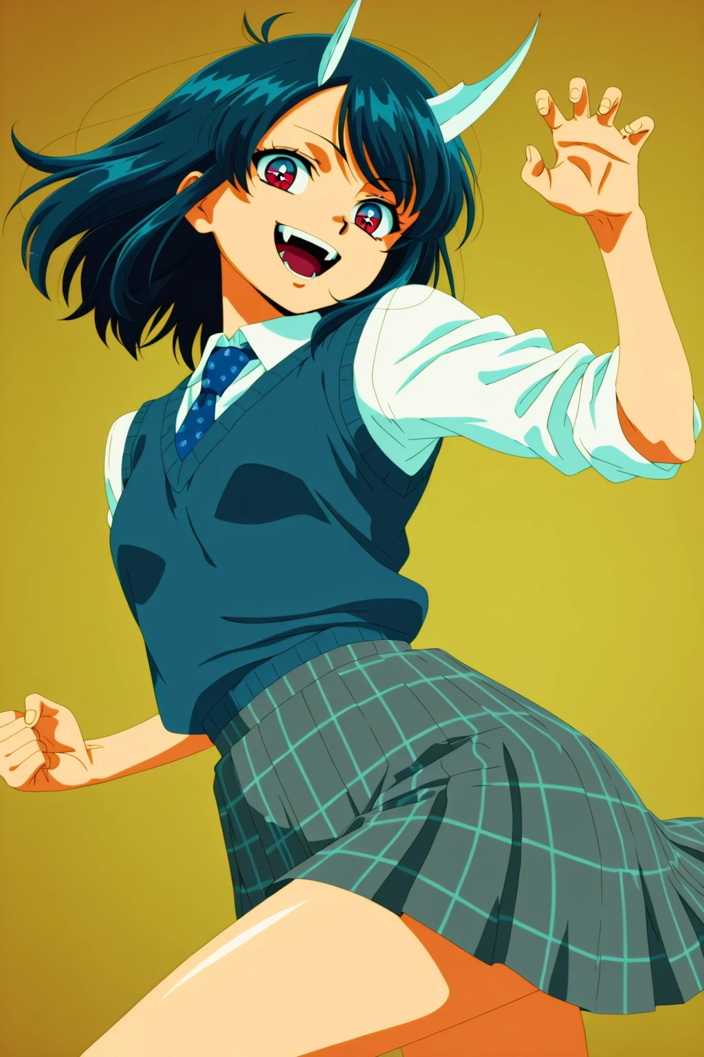 (1girl:1.5),
masterpiece,highest quality,Super detailed,32K,High resolution,an extremely delicate and beautiful,Official Art,Perfect ,
(Contrasting colors,octane rendering,Fully painted,anime coloring,anime screencap,Cel-shaded anime,retro artstyle:1.25),
perfect face,ultradeTailed eyes,beautiful,sexy,supermodel,athletic body,shiny skin,(scale to fit the dimensions:1.2),
ruri_aoki,blue hair,blue eyes,red eyes,multicolored eyes,gradient eyes,swept bangs,medium hair,dark blue hair,fangs,dragon girl,dragon horns,horns,skirt,necktie,shirt,blue necktie,white shirt,pleated skirt,collared shirt,school uniform,sleeves rolled up,vest,grey skirt,plaid,plaid skirt,blue sweater vest,white collared shirt,grey skirt,plaid skirt,
looking at viewer,open mouth,smile,dynamic pose,dynamic angle,
