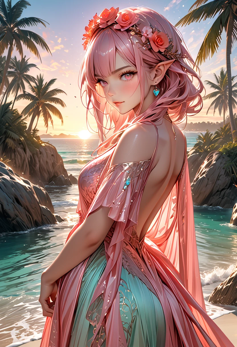 ``A beautiful woman with long pink hair and beautiful eyes wearing an elegant and detailed hawaiian dress.The dress must have intricate designs and patterns to give it a luxurious and luxurious feel.In the background , a romantic morning beach in Hawaii with the morning sun reflecting on the water surface and the sun hitting the palm trees.The entire image emphasizes the glittering effect and rainbows to enhance the magical atmosphere, and adds special frills to the dress. It makes you stand out.”