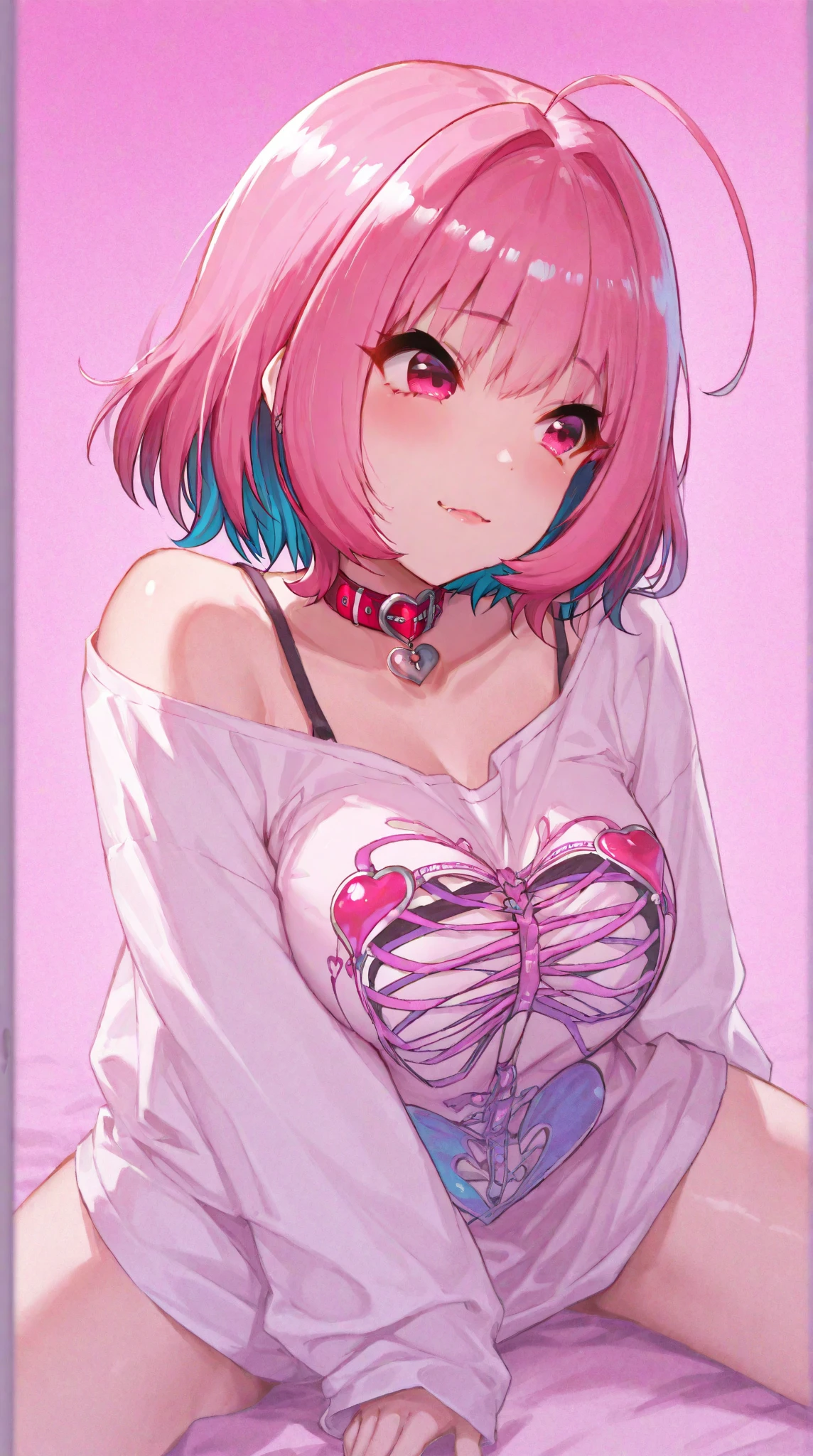 score_9, score_8_up, score_7_up, source_anime,
riamu yumemi, ahoge, blue hair, hair intakes, multicolored hair, pink eyes, pink hair, short hair, two-tone hair,
bone print, bare shoulders, barefoot, belt collar, choker, collarbone, heart, heart collar, heart-shaped lock, jewelry, off shoulder, pink choker, pink collar, ring, shirt, short sleeves, t-shirt,