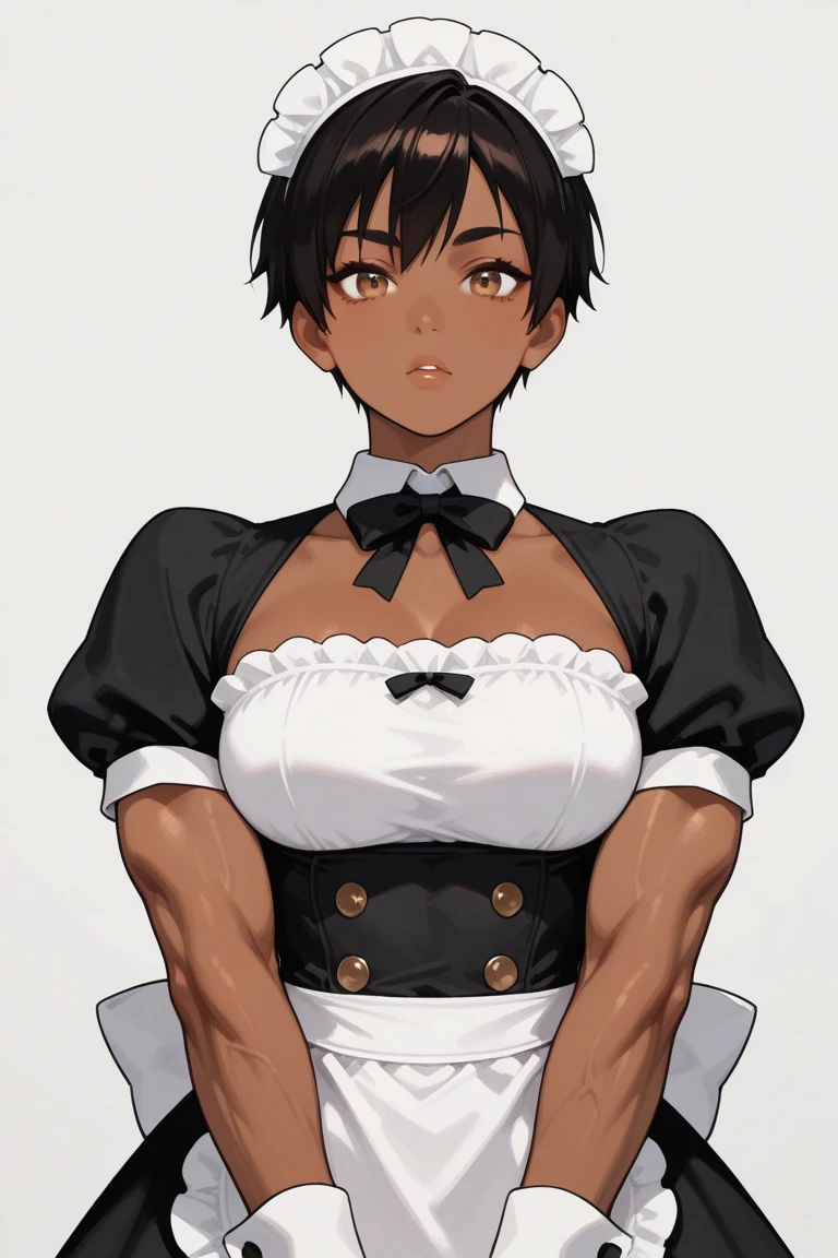 Sexy brunette muscular tomboy maid with an angry face showing off her thick thighs. She has slightly dark skin and short hair.