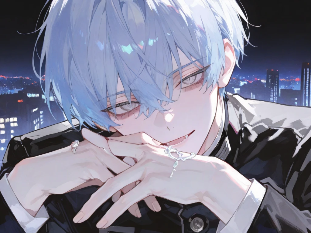 점수_9, 점수_8_위로, 점수_7_위로, Solo, Watercolor, 1 male, short hair, blue hair, silver Eyes, wear black simple sf uniform, skin, Simple Accessories, city background, (master piece), handsome, best quality, perfect face, adult male, full-body portraits, delicate hand, overwhelming, sharp eyes