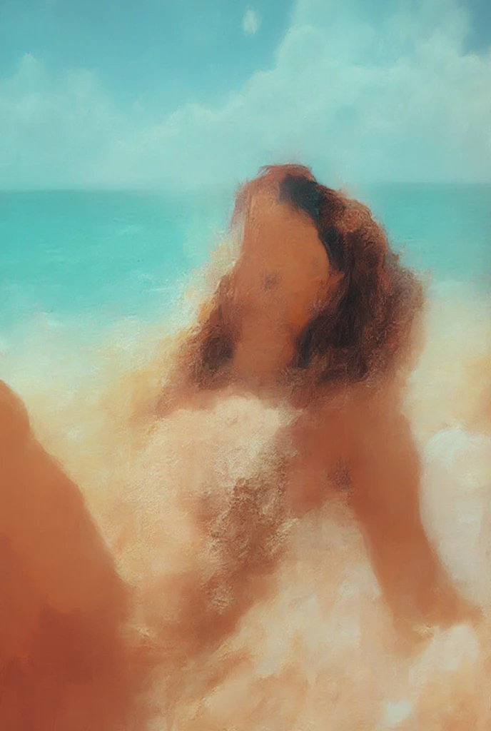 on the beach, naked, caressing her breasts, very beautiful girl, best quality, masterpiece, ultra high resolution, (photorealistic:1.4), raw photo, 1 girl, brunette hair, shiny skin, WET BODY, dramatic lighting, full body, bitch, big breasts