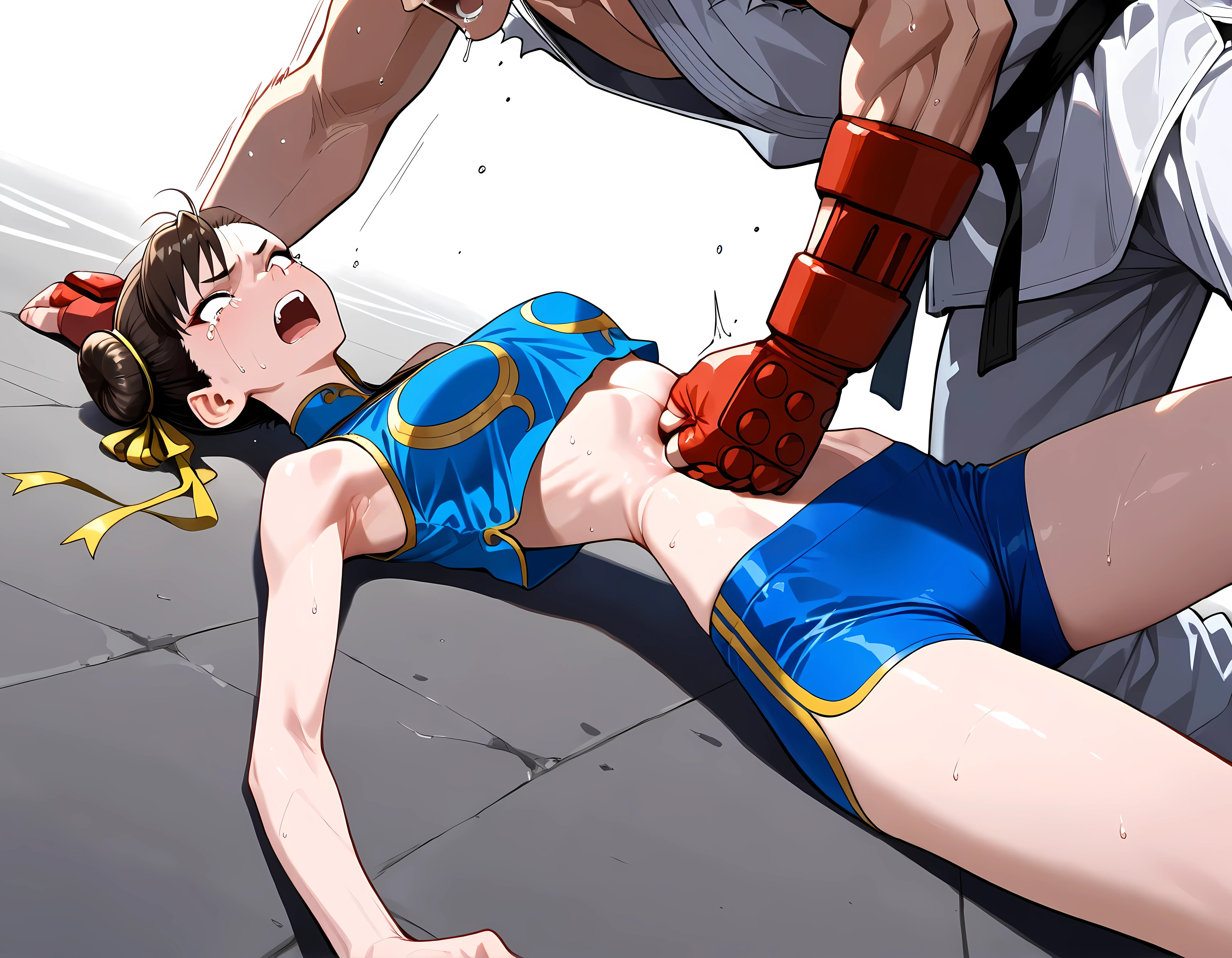 (masterpiece,best quality:1.2,amazing quality,very aesthetic,absurdres,newest),dougi,ryu,Chun-Li,Street Fighter zero,1man vs 1woman,(man is punching woman's stomach),fighting,(young adult),(very small head:1.2),(ideal ratio body proportions:1.2),(slender body:1.2,skinny:1.2),medium breasts,twin buns hair,pain,tears,open mouth,sweat,blue mandarin collar shirt,sleeveless,midriff,blue compression shorts,blue sneaker,lying,on street, Oriental street,dynamic angle,