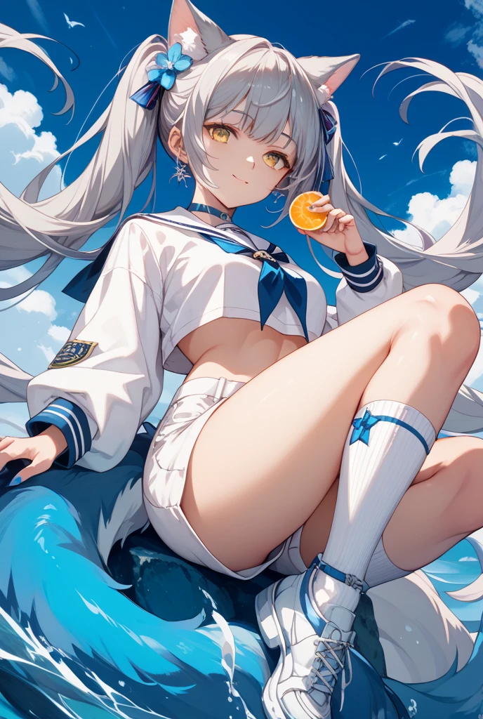 score_9, score_8_superior, score_7_superior, masterpiece, best quality, absurdres, high_fidelity, vibrant, sauce_anime, evaluation_Safety, rating_explicit, White haired cat ear girl, Straight, Viewer Perspective, Reaching out, Adorable, Sailor suit, white panties, white bra, Cat's Tail, underboob, cowboy shot