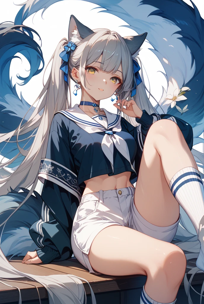 score_9, score_8_up, score_7_up, score_6_up, score_5_up, score_4_up, <lora:Pony_Style7256193366v5_1-000210:1>, 1girl, solo, skirt, blue eyes, barefoot, sailor collar, bow, looking at viewer, blue skirt, sitting, blue hair, blush, smile, short sleeves, two side up, soles, blue bow, long hair, closed mouth, shirt, hair bow, feet, blue sailor collar, toes, puffy sleeves, frills, ahoge, white hair, white shirt, pleated skirt, collar, knees up, colored inner hair, puffy short sleeves, grey hair, serafuku, bowtie