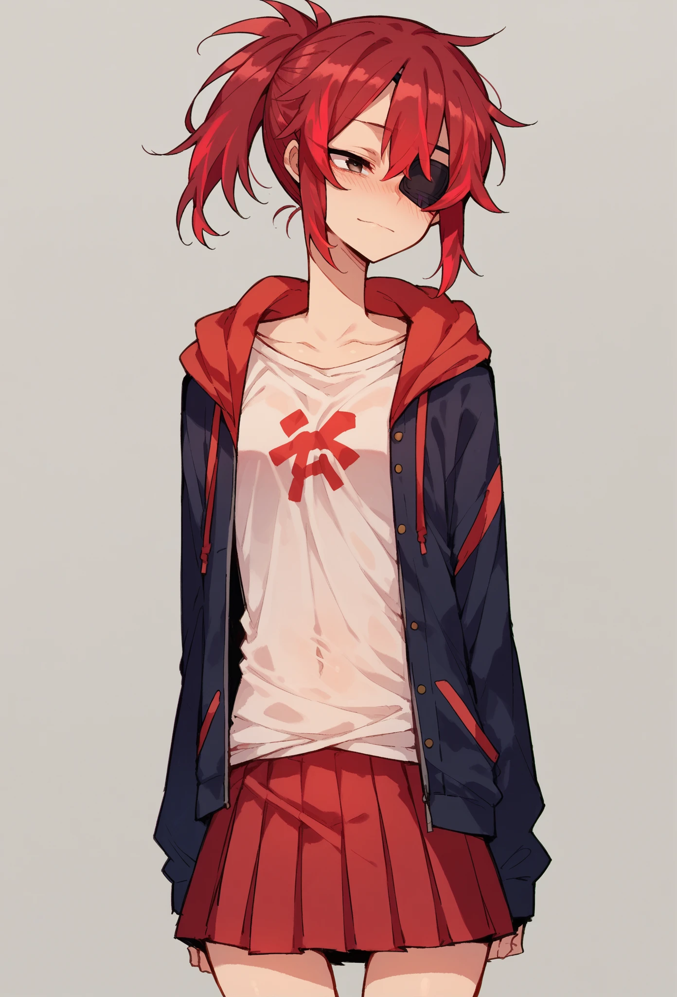 a picture of a women 25 years old short white hair with strip red har standing in front of a red light, Candid Photography, white with strip red-haired deity, dynamic poses, white with strip redhaired girl, Crushing Despair, Flowing white with strip red, short Hair Anime Girl, perfect white with strip redhaired girl, , red eyes