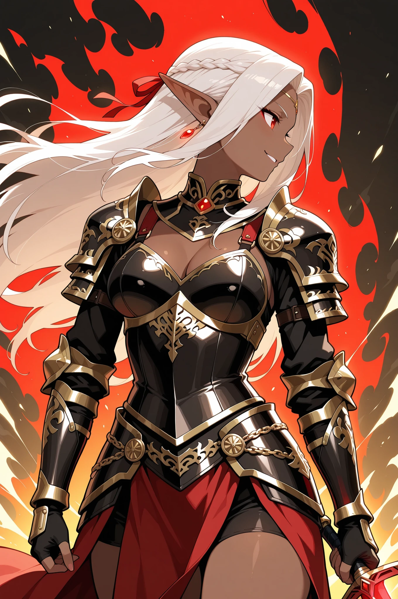 dark skin, (masterpiece, best quality), intricate details, 1girl, 1girl, earrings, facial mark, fangs, long hair, looking at viewer, open mouth, pointy ears, ponytail, white hair, red eyes, solo, blood, carcha, facial tattoo, facing viewer,glowing eyes,looking at viewer, devil horns, tied up slave, medieval slave market background, black and gold armor, tied to wall, chains, manacles, detailed chains, kneeling, kneeling on mat