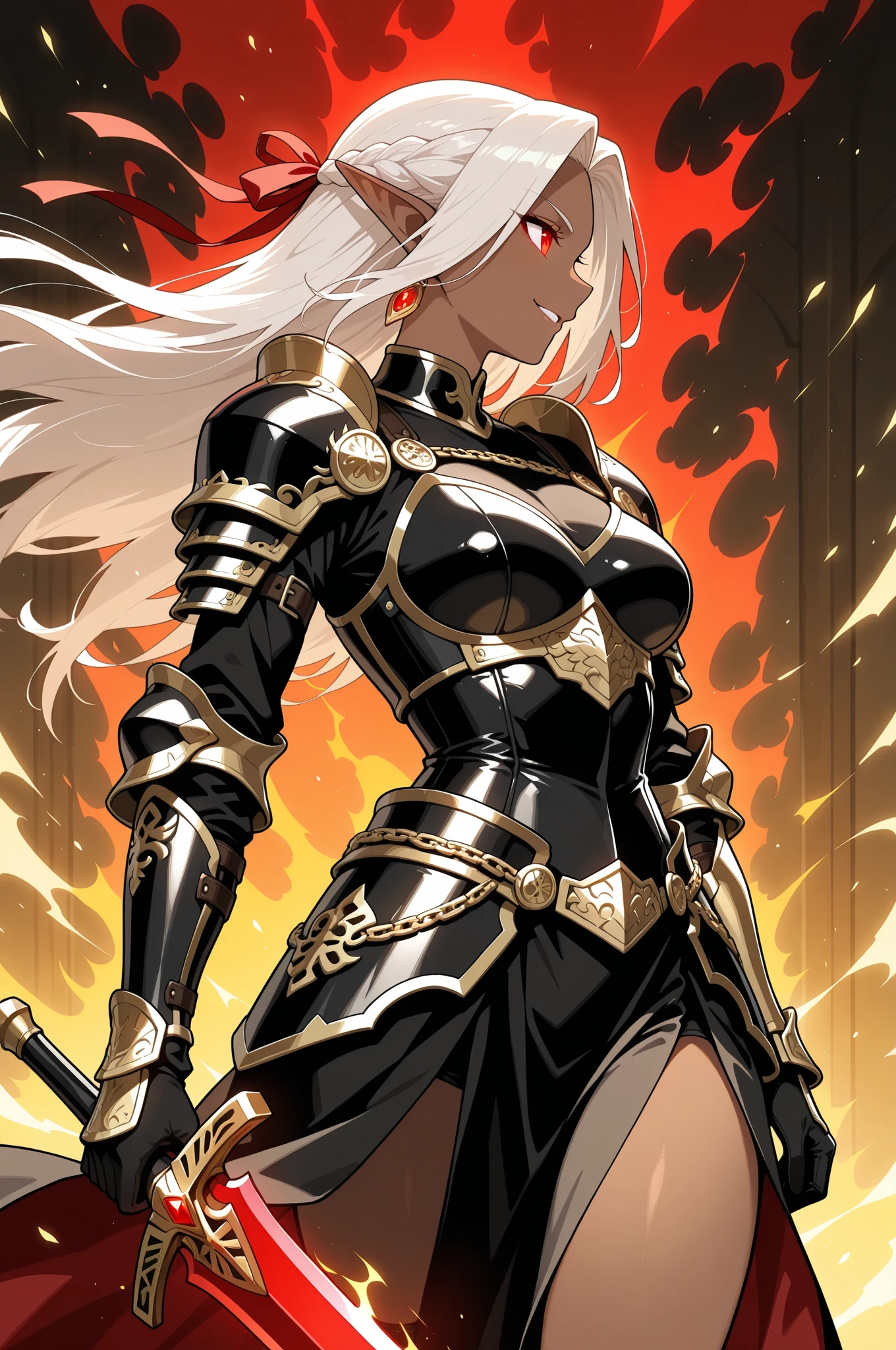 ((Lightning Power)), ((Electricity)), ((Fire Background)), (Lightning Storm), (((android 21))), (((white Coat))), (((Busty))), (((((Big breast:1,3)))), luxury bustier corset, ((silver hair)), (((Very slim waist))), propotional body, ((Gorgeous)), (((gold wings))), masterpiece, hyperdetail, ambient effect, digital effect, (((FIRE SWORD)), (((Lightning Sword))), (((Fire Gold Armor))), (((Lightning Gold Wings))), ((Fire Demon Horns))