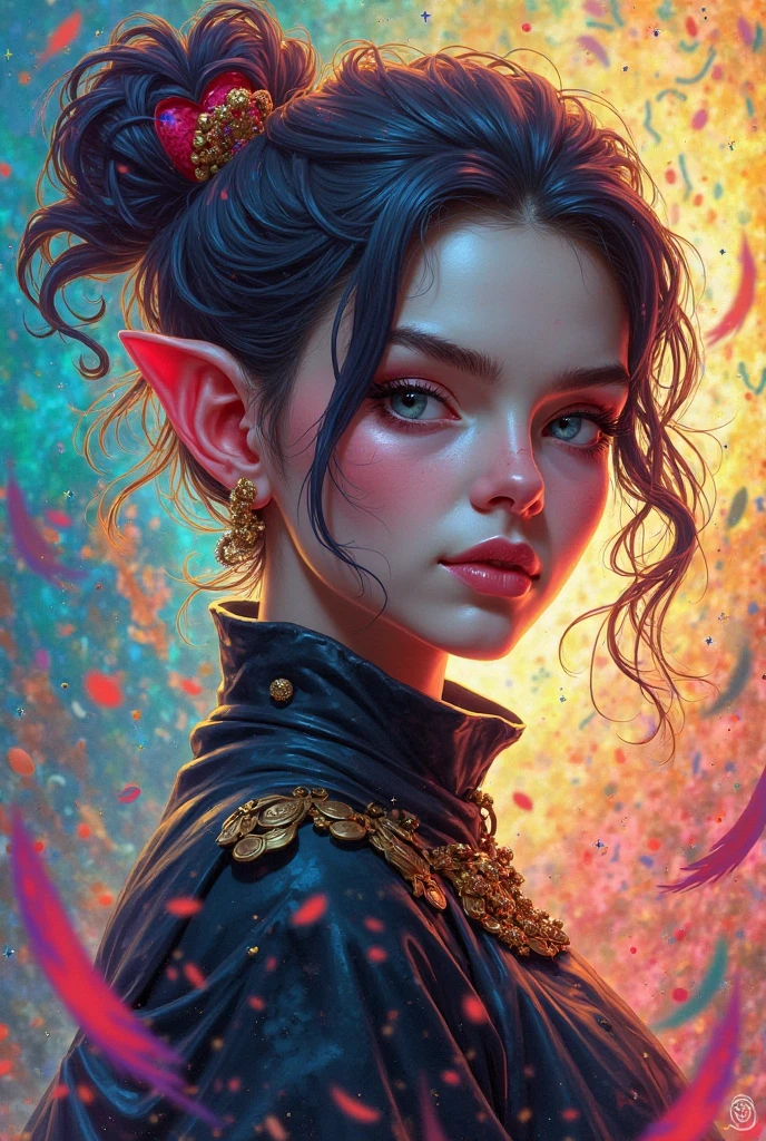 Photo, Synthwave A Elf Woman by Agnes Cecile style, luminous design, pastel colors, ink drips, autumn lights, perfect ears, blue eyes