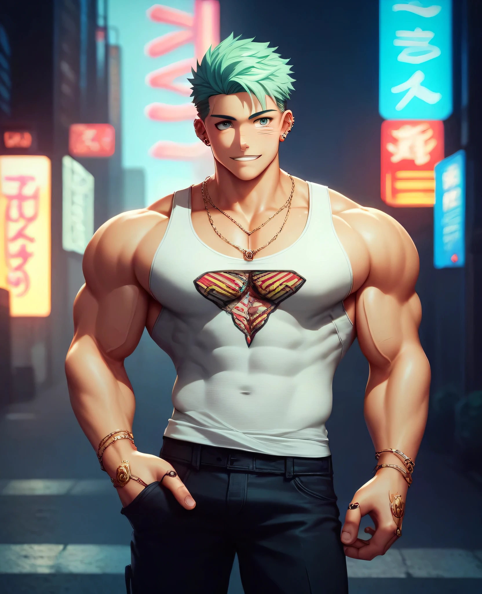 Young man,cyborg, muscular,weird fashion, neon streets of future Tokyo, tank