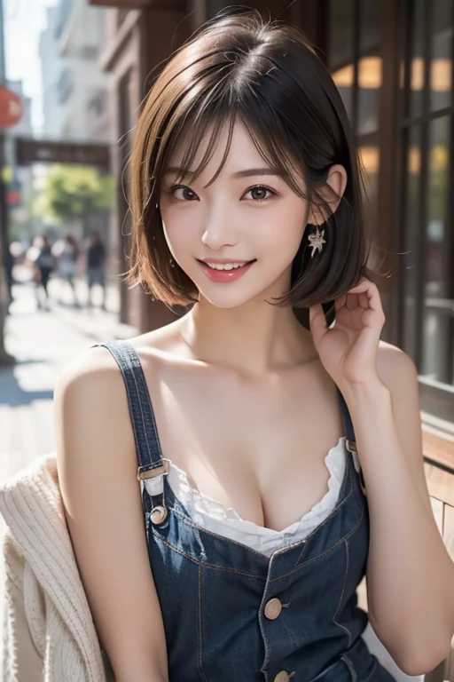 Penniless traveler woman wearing dirty and tattered clothes, rural western USA, rental house, senior in college, ((full body)), ((photo)), ((best qualtiy, 8K, tmasterpiece:1.3)), Focus:1.2, perfect figure beautiful girl:1.4, 1girl, cowboy shot, look at viewer, incredibly absurd, beautiful and cute girl with a photorealistic face, showcasing top-quality craftsmanship, A Japanese woman walking around town as a backpacker, 20 years old, very short brown hair, short bangs, longer hair on the sides, soft hair with a beautiful flow, clear facial features, large light brown eyes, double eyelids, long eyelashes, small nose, plump pink lips, white teeth, impressive smile, gentle eyes, fair and smooth skin, tall, glamorous, slender, 163cm tall, large G-cup breasts, simple and casual style, fashion that emphasizes her chest, earrings, necklace, favorite camera, cheerful and energetic older sister, beautiful girl, pretty, leader, curious, proactive, positive, sticks to her beliefs, sociable, honest, good at encouraging others, polite, walks with a spring in her step, September