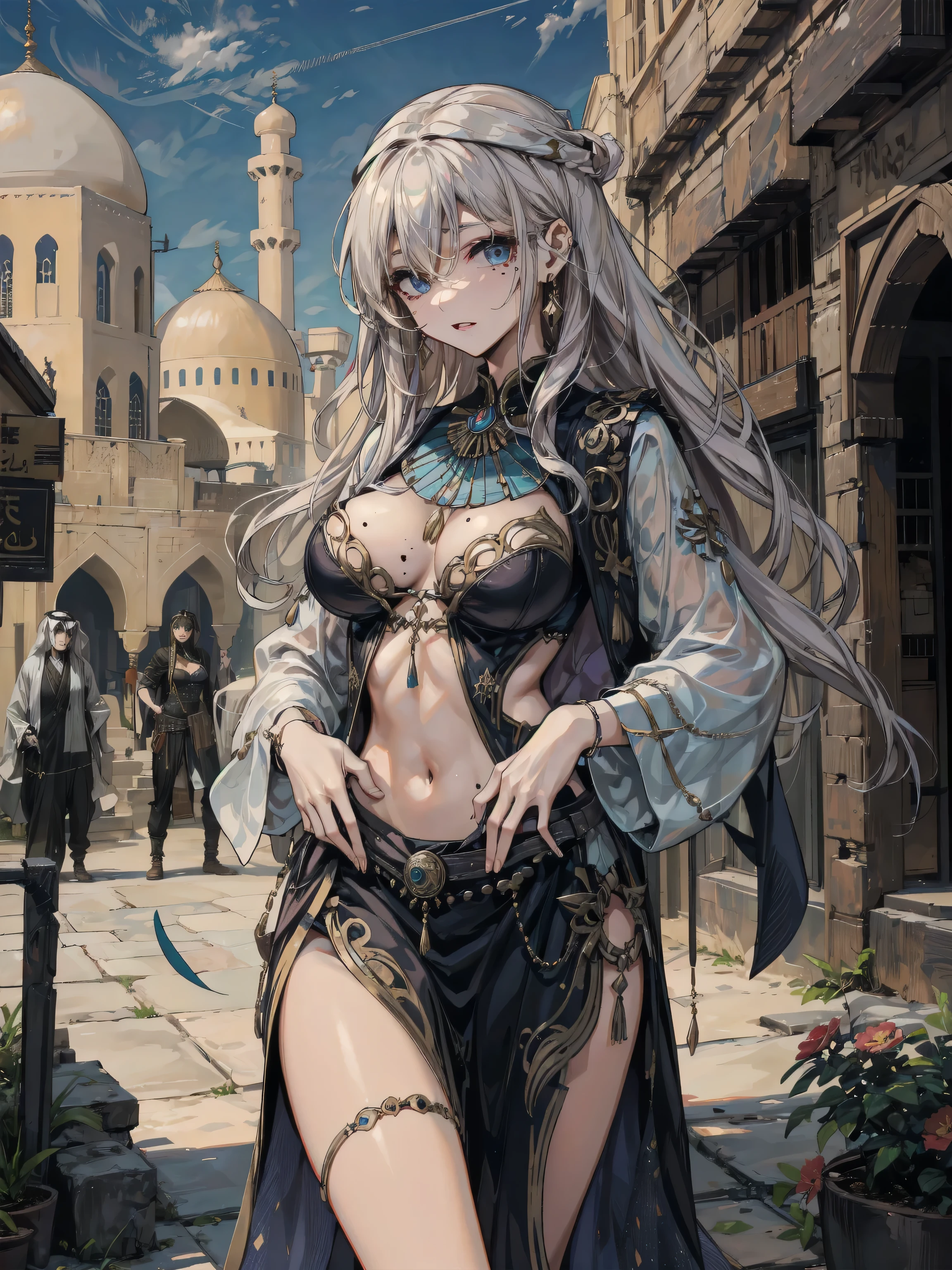 Brigandine Armor, Visionary, Tall, Skinny, Diamond-Shaped Face, (Dark Skin:1.2), Platinum Blonde Hair, Hazel Eyes with Green Flecks, [[Curved Nose]], Thin Lips, Sharp Chin, Shoulder-Length Hair, Coarse Hair, Middle Part Bangs, augmented breasts, Huggie earrings, mauve, metallic lipstick, A vivid street lined with vibrant buildings bustling with people