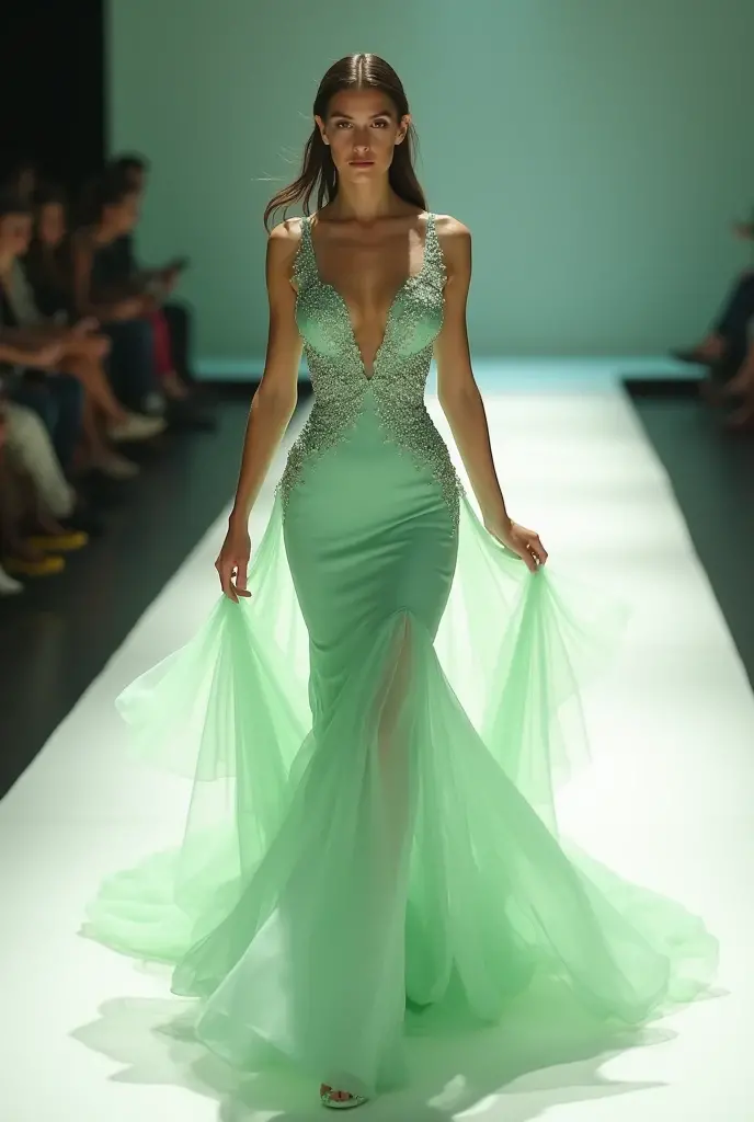 Amazingly large eyes、Smiling face、Large Bust、Slender and white skin、Long hair Japanese woman、20-year-old、Slim figure、A sexy, sheer, light green mermaid dress with a mini length and sheer lace all over.、Bright photo images、Walking towards me down the runway at a fashion show。
