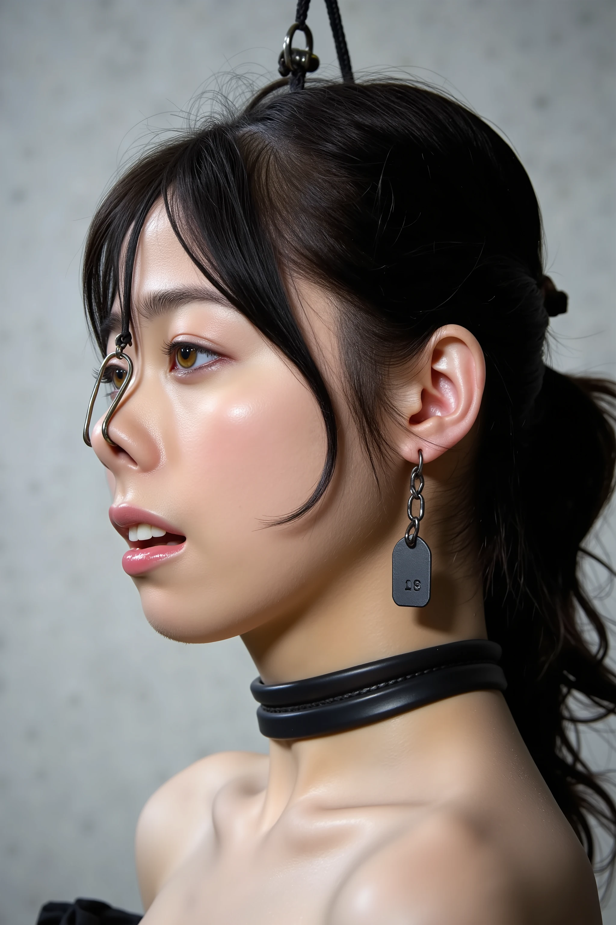 A high resolution photograph of a Japanese adult woman, masterpiece, photo-realistic, natural lighting, film grain, portrait, fashion shoot, solo, 1girl, off-shoulder dress, black hair with bangs, detailed face, detailed eyes, sophisticated nose, pale skin, fine-textured skin, full smile, dimple on cheek, (pet-collar with tag, nose hook with chain wrapped around top of her head, nose hook makes her nose look like a pig snout, hooking in her nostrils:1.5), (profile, side view, view from below, facing up, chin-up, face focus:1.4), close-up of face, simple background,,
