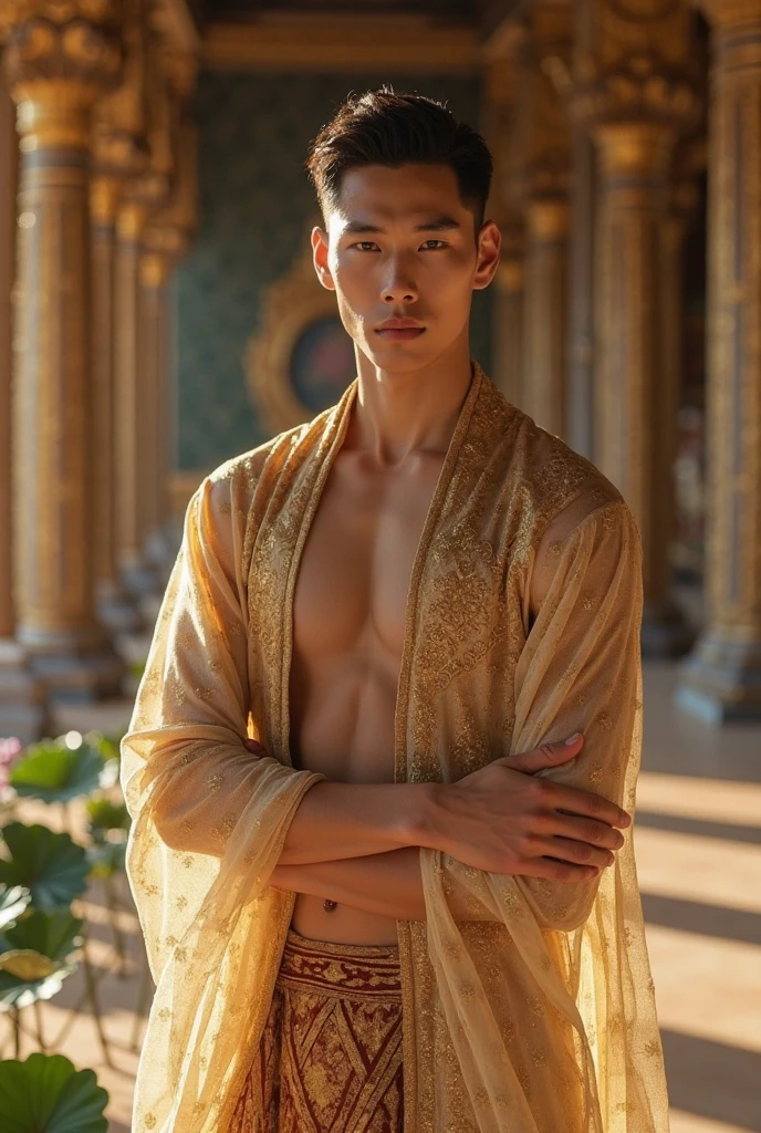 2024 Paris Collection, Japanese famous strong muscular handsome macho firefighter man with short hair, manly thai face, kind eyes, sunlight shining on his face, luxurious palace of Versailles in medieval Paris, France A handsome 29-year-old Japanese man who likes women, with a strong muscular body, is walking in a wild pose facing forward in a colorful loincloth with a beautiful and flashy pattern made of thai traditional made by fashion designer thai kingdom at a ballroom. A man with hair all over his body, well-developed buttocks muscles, and the front part of his loincloth swells and bulges out as a symbol of masculinity. A skinhead, standing in a thailand loincloth, facing forward. Hairy males, thick chest hair, thick shin hair, and many beautiful colorful flowers. A handsome shirtless thai man with a loincloth bulge in front of his crotch, a symbol of masculinity. Shirtless man 29 year old thai man, handsome man, muscular man, strong muscles, masculine expression, strong muscles, masculine expression, bright complexion, staring at the camera,