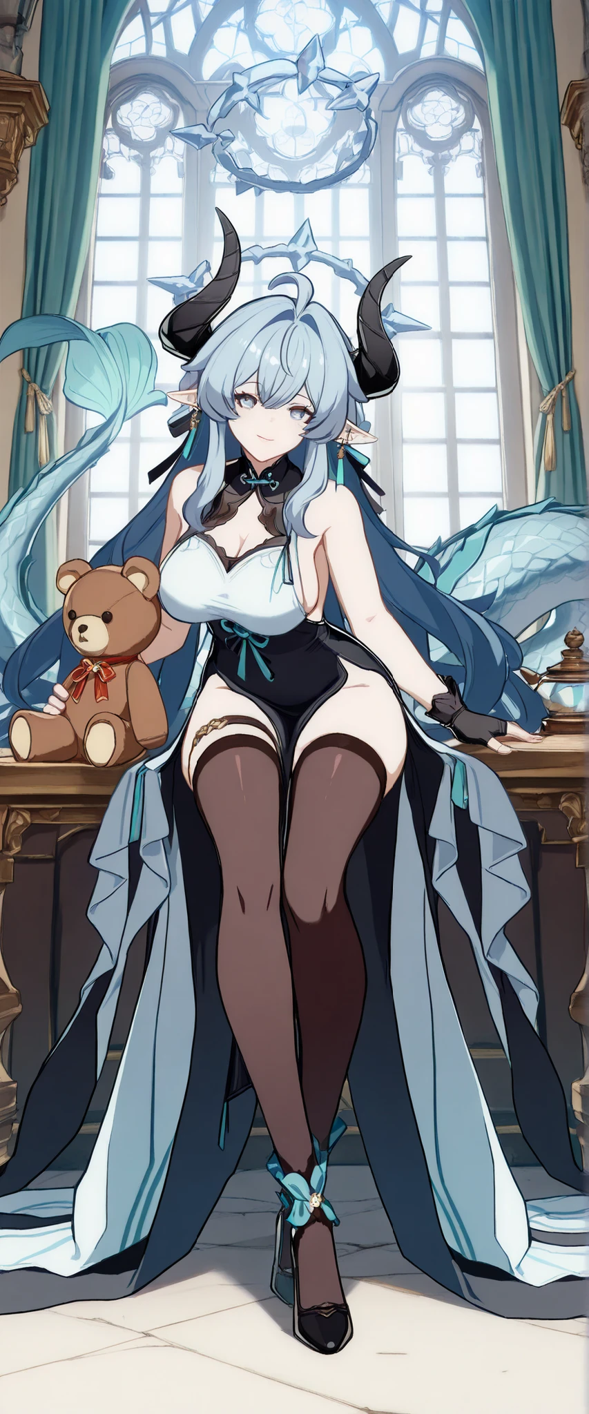 Fullbody, head to toe, score_9, score_8_up, score_7_up, source_anime, highly detailed figure,ohwx, 1girl, solo, black_hair, breasts, blue eyes, hair_ornament, large_breasts, long_hair, honkai dress style, elf ponty ears, hairclip, jewelry, earrings, ribbon, long white blue hair, ahoge, big_breasts, long legs, multicolored_hair, very_long_hair, brown_eyes, parted_lips, hair_ribbon,bare_shoulders, gloves, sleeveless, black_gloves, sideboob, fingerless_gloves, thighhighs, cleavage, dress, white dress, black_thighhighs, thigh_strap, cute dress, bandages,standing upright, leaning forward, looking at viewer, light smile, closed mouth, shiny skin, tight clothes, window boob dress, sunlight, simple white background, short pelvic curtain dress, front angle, close-up, Cartethyia, Fleurdelys Wuthering Waves, reference-sheet, halo of thorns , Two long boob curtains, showing feet long mermaid tail dress, big dragon tail, long horns, sitting down, holding a giant and cute teddy bear, Anime sprite, ta dress style with alot of layers.