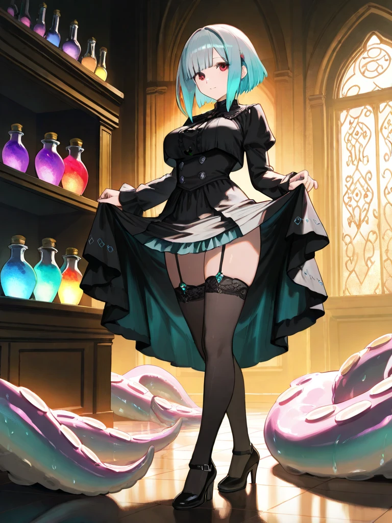 ((best quality)), ((highly detailed)), absurdres, detailed face, beautiful face, (detailed eyes, deep eyes), (1girl), full body, ((very wide shot)), <lora:hairdetailer:1>, <lora:ghostmiku:1.1>, ghostmiku13, hair between eyes, hair covering eyes, hairclip, yellow eyes, mischievous expression, smirk, tongue out, grey dress, grey skirt, sleeveless, long sleeves, thighhighs, necktie, see-through skirt, black boots, (inside, in a kitchen), <lora:dishwasher1910_style_v02:1>