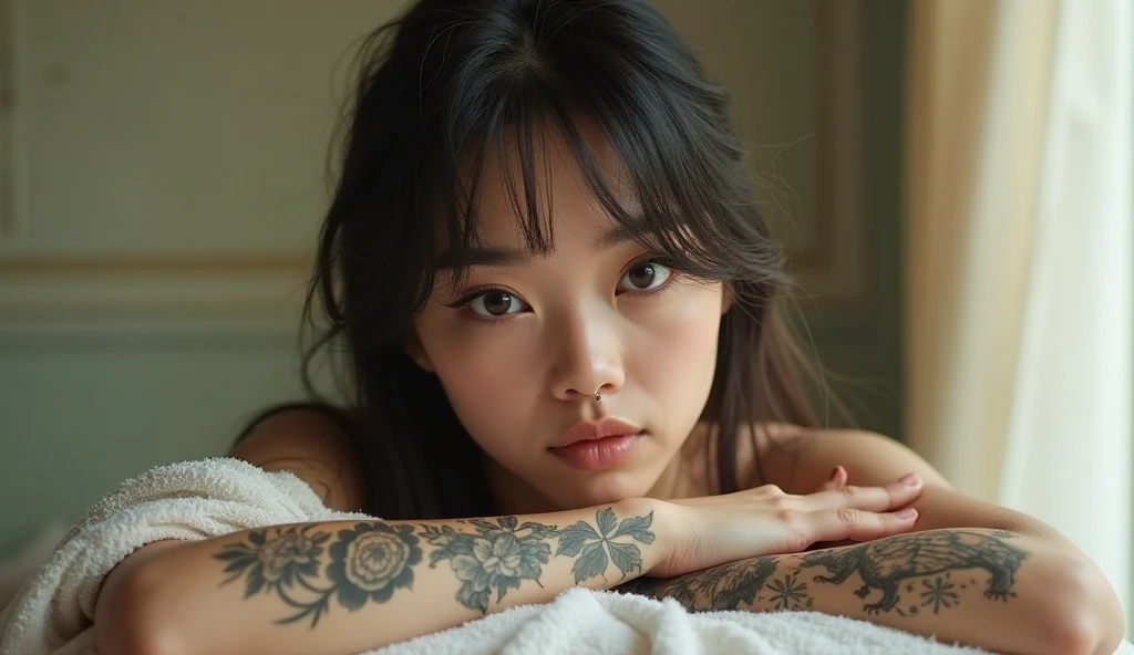 gere imagem "A Korean woman lying on a bed, propped up on her elbows, gazing directly at the camera. She has long, straight hair with small braids in the front, adorned with white beads. Her makeup is bold, featuring well-defined eyebrows, long lashes, and glossy lips. She wears blue jeans, and her arms and shoulders are covered in colorful tattoos. The background shows a bedroom with a dark door and a soft red glow from a decorative light on the wall. Her expression is confident, with a subtle smile."