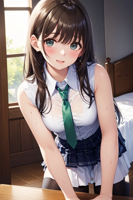 (masterpiece, best quality:1.2), cowboy shot, solo, 1girl, ushio, nervous, looking at viewer, arms behind back, ahoge, school uniform, serafuku, short sleeves, pleated skirt