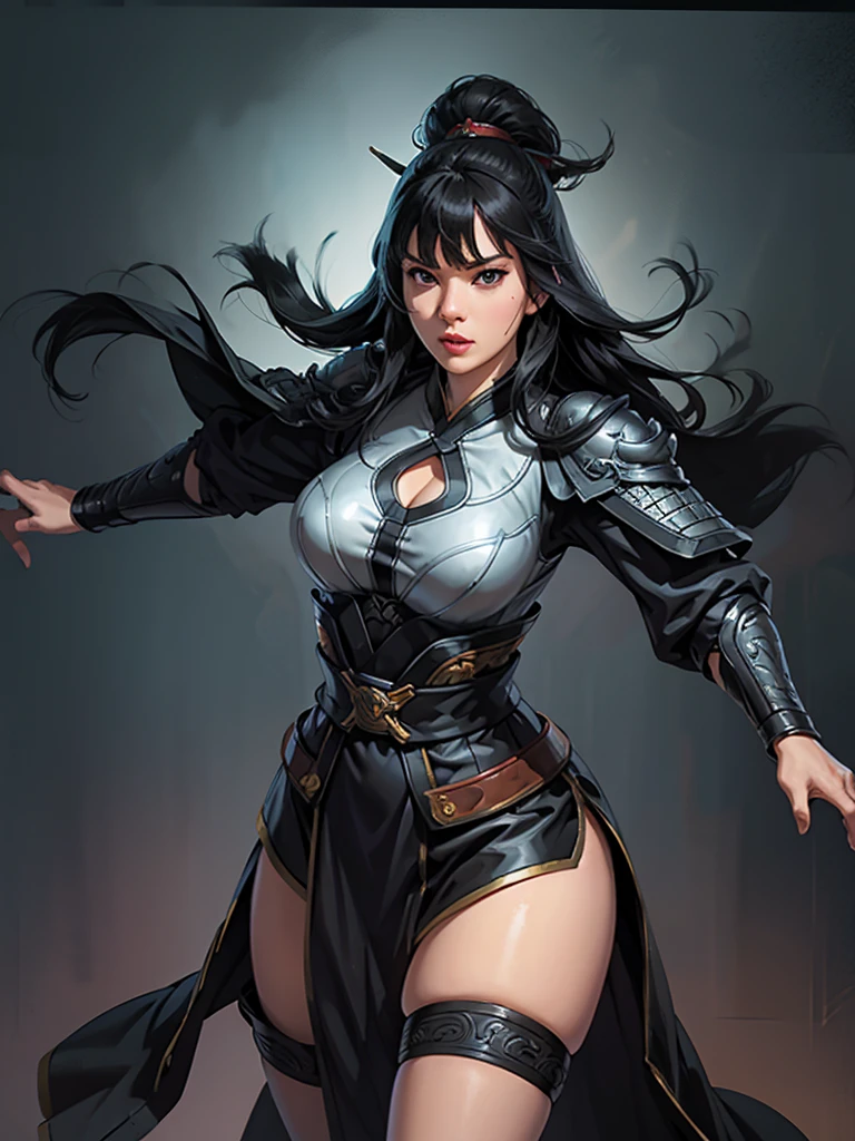 voluminous hair, big hair, big breasts, swordswoman,(fully clothed skintight), (black armor), woman , standing in an open battlefield holding sword, muscle