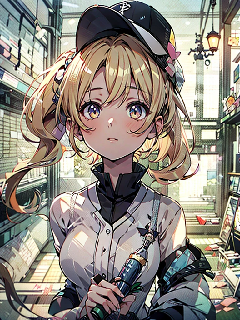 (masterpiece), (best quality), (illustration), dynamic angle, cinematic angle, (colorful), (improve contrast), extremely detailed,
1girl, solo, blonde, looking at viewer, earrings, jewelry, indigo eye, maid hat, bangs, high ponytail, blunt bangs, evil smile, bare shoulders, hair ornament, grim expression, Fluorescent Green Maid Outfit, short sleeve, <lora: NecoStyle:1>, (chainsaw: 1.2), eye shadow,
(Graffiti background),