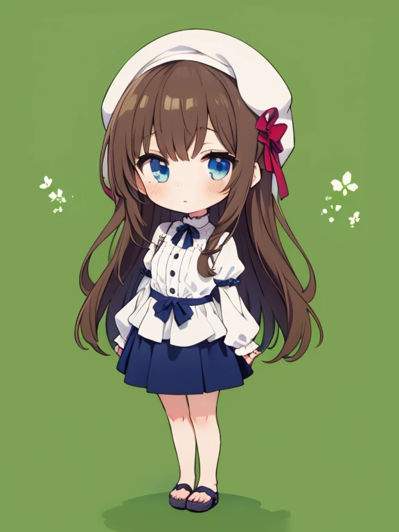 (chibi:1.4),chibi character,chibi style, toe, (cwhite background:1.4),full body,masterpiece, high quality, 4K, HDR,, High quality, stunning artwork of a slender teen girl with voluminous hair, a big smile, and a playful expression. She wears a sailor hat and a sailor dress, with a peek of lace panties visible as her skirt rides up. She's enjoying an ice cream cone, creating a messy yet adorable scene. The background showcases a sunny summer beach, with crystal-blue waters. Her hair is black, and she has pink highlights in her eyes. The focus is on her face and upper body.