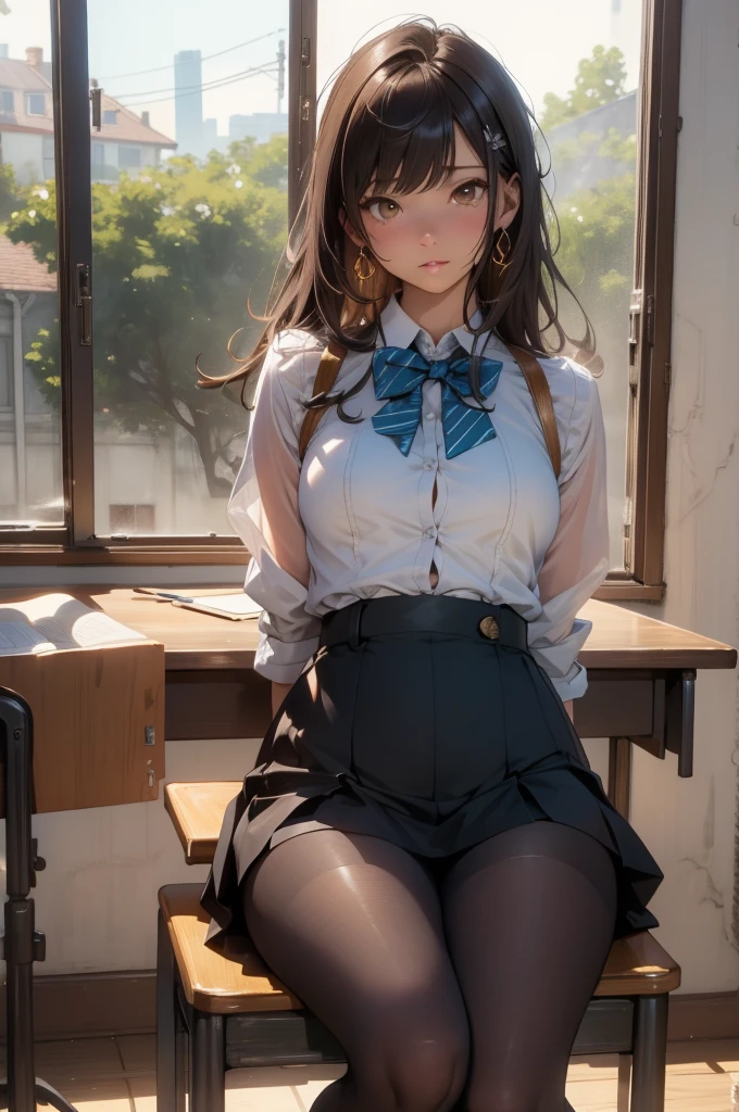 tmasterpiece,best qualtiy,ultra - detailed,illustratio,Colorful,Falt color,depth of fields,lens flare glow,1girl,anime big breast,sitted,brunette color hair,looking at viewert,schools,Classroom,Pleated miniskirt,校服,serafuku,black pantyhoses,Detailed skin texture,Fine cloth texture,Nice and delicate face,See panties,There is a white liquid on the body