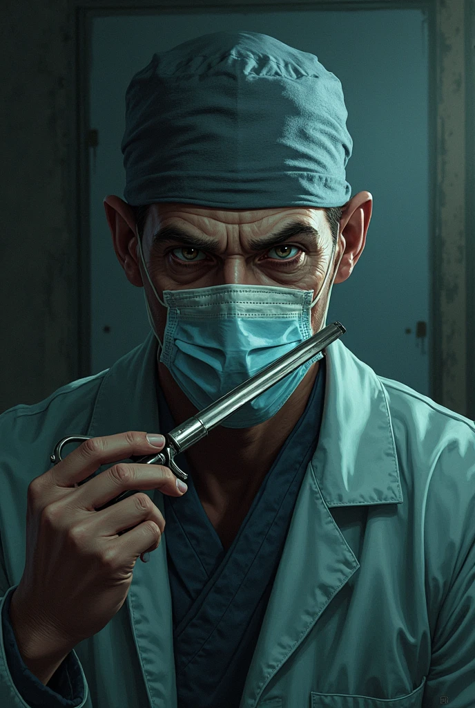 1man, hansome, thin, tall, doctor outfit , masterpiece, best quality, night, 1man, doctor outfitportrait, foxy eyes, face focus, slicked-back hair , blood stains on a medical robe, hospital background, bones in background, dark, smile