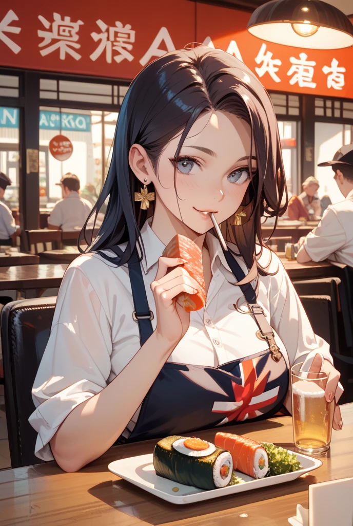 ((portfolio:1.2)),Perfect hand drawing、((eating hamburger:1.2)), Beautiful body lines、1 beauty, (thick neck:1.4)、(broad shoulders:1.4)、(Smaller face)、(pointed breast:1.6)、Model body type、(Smaller chest:1.2)、17 age、Sharp eyes、Watery Big Eyes、looking happy smile:1.2、((student clothes:1.4))、Shirt and knee-length skirt、(facefocus:1.4)、evening、Extremely detailed, Detailed background, Cinematic lighting, (Inside a fast food restaurant:1.2)