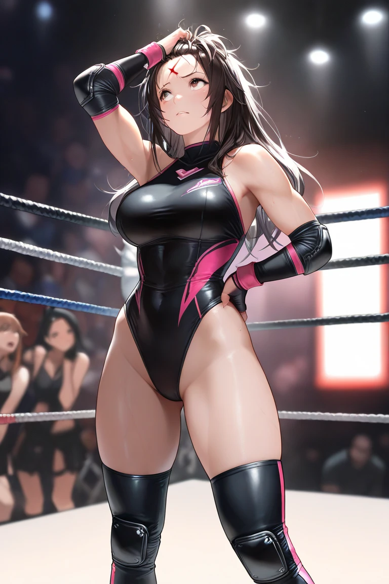 Beautiful woman with exquisite figure, she has big round hanging tits, a thin waist with a strong abdomen, wide hips and strong and sexy thighs, She wears a black leather gimp mask., she is a professional wrestler, round butt in the shape of a drop of water, tasty buttocks, poses multiples, self love, fingering her pussy, caressing filopio's trompad