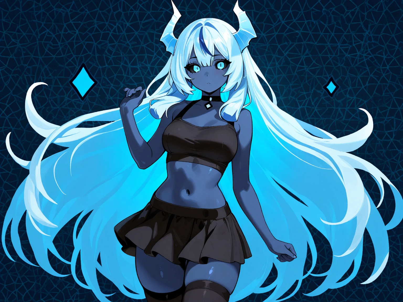 (((a girl))),(((blue skin:1.3))),(long hair),(light green color hair),(Black Sclera),((small breasts)),((slender child)),((highest quality)), ((masterpiece)), (be familiar with), Perfect Face,succubus woman,Demon woman,demon horn,demon wing,demon tail,((crotch tattoo)),smile