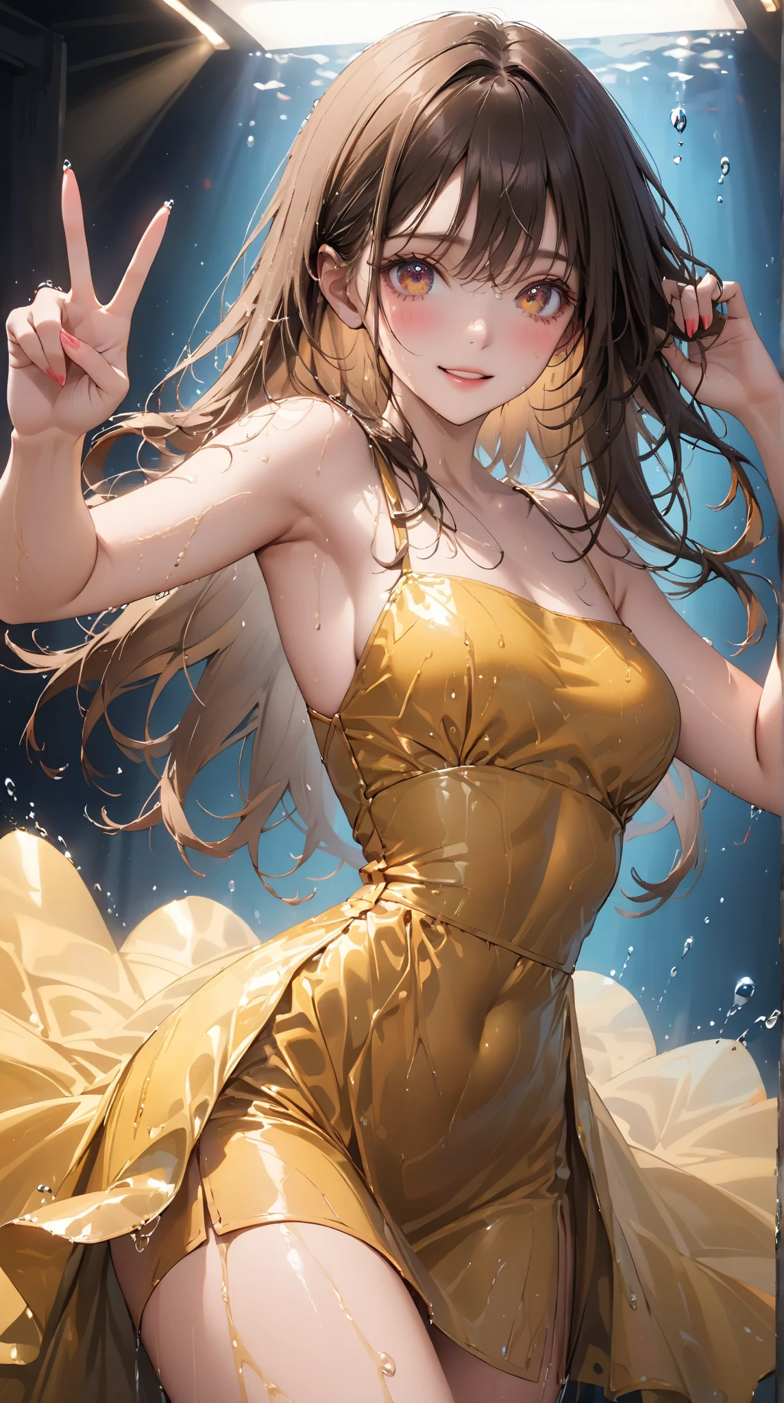 masterpiece、Background with((kosmos、meteors、black hole、Fantastic flower garden emitting light))、About 20 years old、a beauty girl、huge tit、Great embroidery on a yellow mini dress with slits、No Shoulder、Exposing the chest、hair adornments、heavy wind、pantiy、Luminous petals are dancing