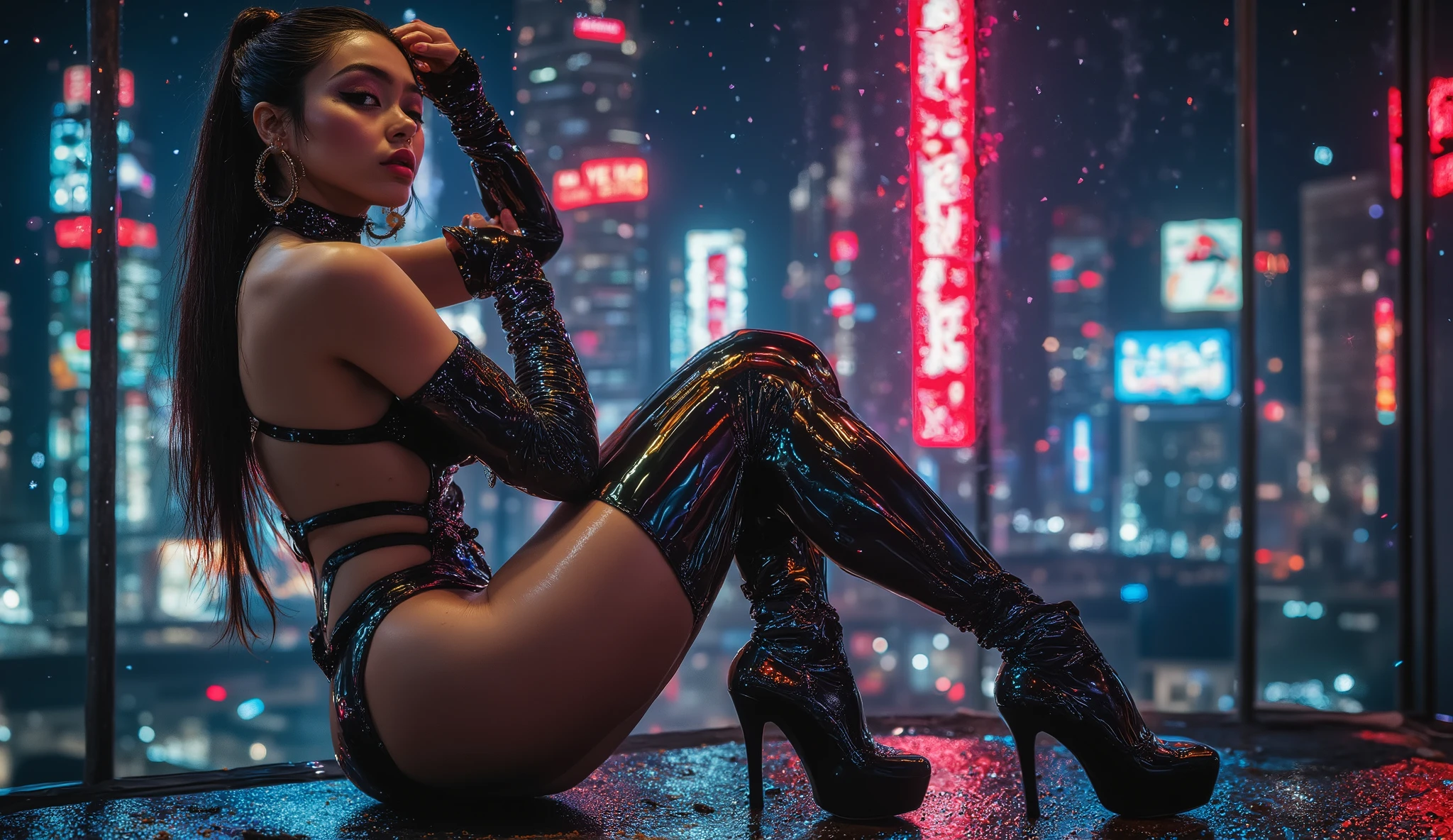 A beautiful naked lady, cute and sexy face, (masterpiece, of the highest quality, Best quality, digital art, Beautiful and aesthetic:1.2),(1girl in:1.4),close up portrait, skin texture style, realism, detailed, (Fractal art:1.3),(Colorful:1.5), highest details, (corrected:1.2), (neon light background:1.4), (Neon City:1.75), (Neon Lighting:1.5), latex outfit, visible inner thighs and belly, Dark Night time, Large breasts, (Gothic:1.2), high-heels(:0.75), Makeup, Blush, large hoop earrings, (Cyberpunk:1.4), ((view the viewer:1.3)), Straight smooth silky long black hair, model hairstyle, large and voluptuous breasts, visible detailed cleavage, Sunburn, Colossal , Full body portrait of girl, rich colors hyper realistic lifelike texture dramatic lighting unreal engine trending on Artstation cinestill 800, above roof, rooftop night city background, sexy sitting position, looking at the viewer, front view, aidmamj6.1 , Midjourney_Whisper, A hyper-realistic portrait of a stunning supermodel, featuring a beautifully detailed face with captivating eyes and a serene expression, The image showcases her natural beauty, focusing on her flawless skin and delicate features, The composition blends modern and traditional elements with a neo mode, avant-garde style, characterized by elegant lines, vibrant colors, and exquisite details, Her hair is styled in an intricate and unique fashion, adding to her ethereal and timeless aura, The lighting enhances her features, creating a soft interplay of light and shadow, while the high-resolution quality captures every detail with photorealistic clarity