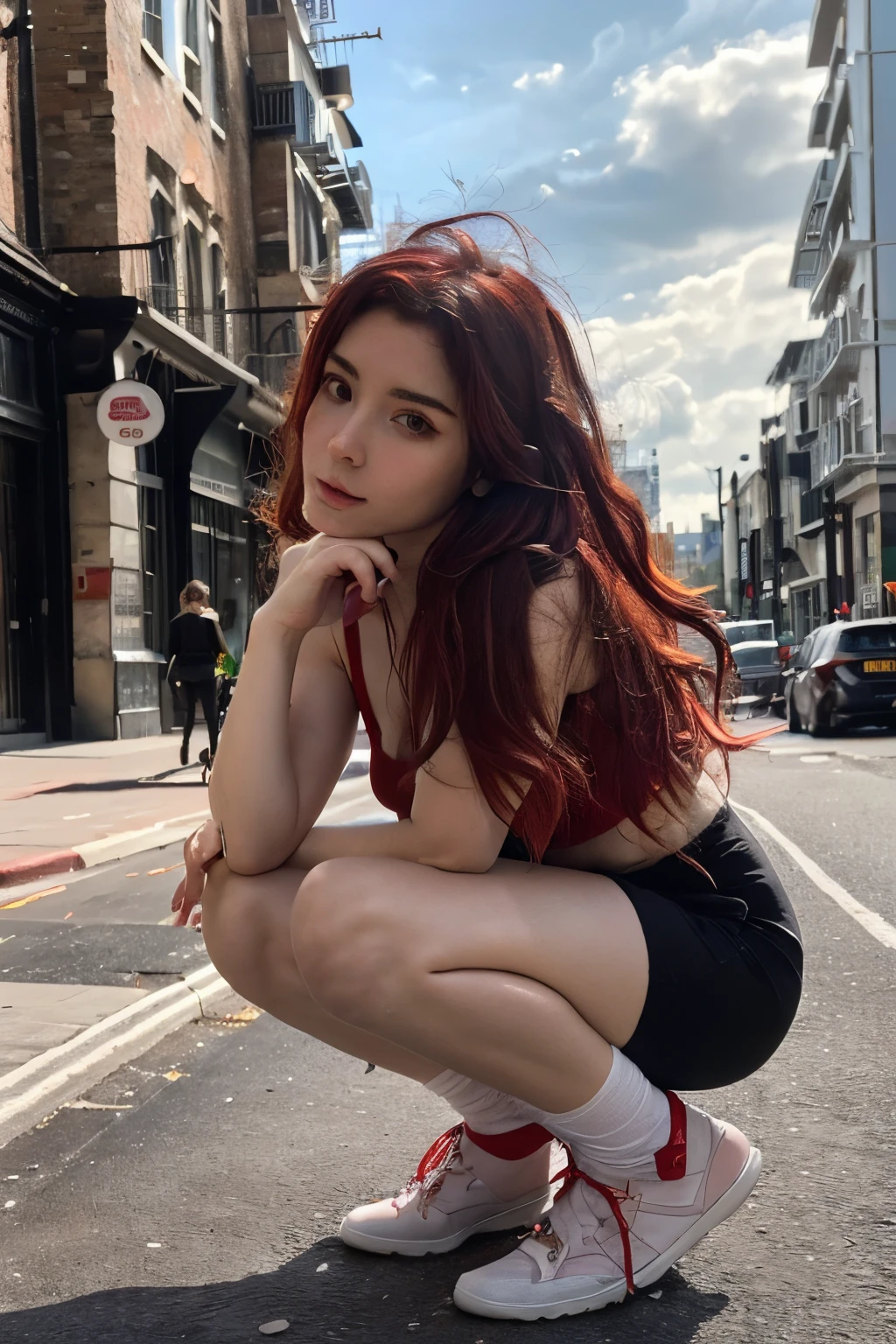 ((Masterpiece, high quality, super detailed, 8k, RAW Photo, hyper-realistic)), 1 girl, (short wavy hair), ((red ombre hair)), Perfect face, baby face ((lying silkworm eyes)), shinny skin, (white tube top with arm sleeves), look at the camera, slim body, perfect eyes, big nose, wearing necklace with pendant, earings, (she is embrassed), in the London street, from below, (she was squatting under the foothold)