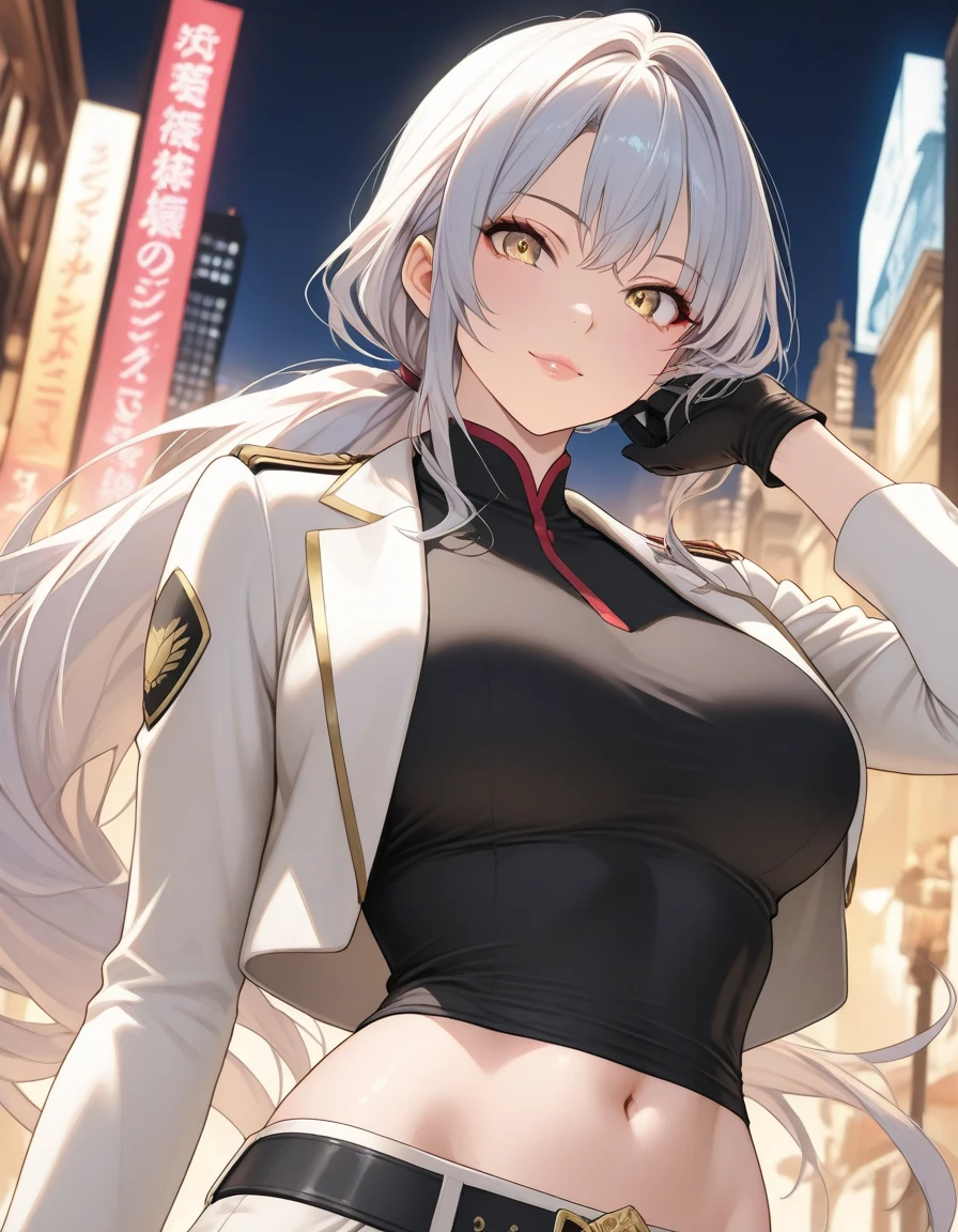 masterpiece, best quality, very aesthetic, absurdres, 1girl, lappland\(arknights), arknights, looking at viewer, upper body, wolf ears, aqua eyes, scar across eye, breasts, cleavage, navel, hairclip, open jacket, white tube top, smirk, closed mouth, night city