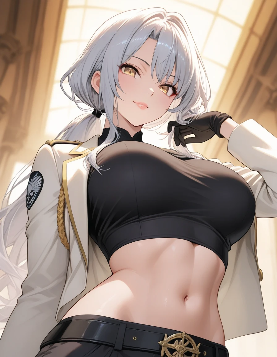 Adult woman, short white hair, high ponytail, blue eye color, White luxury jacket, pants, open breasts, blue lipstick, ssmile, Masterpiece, hiquality