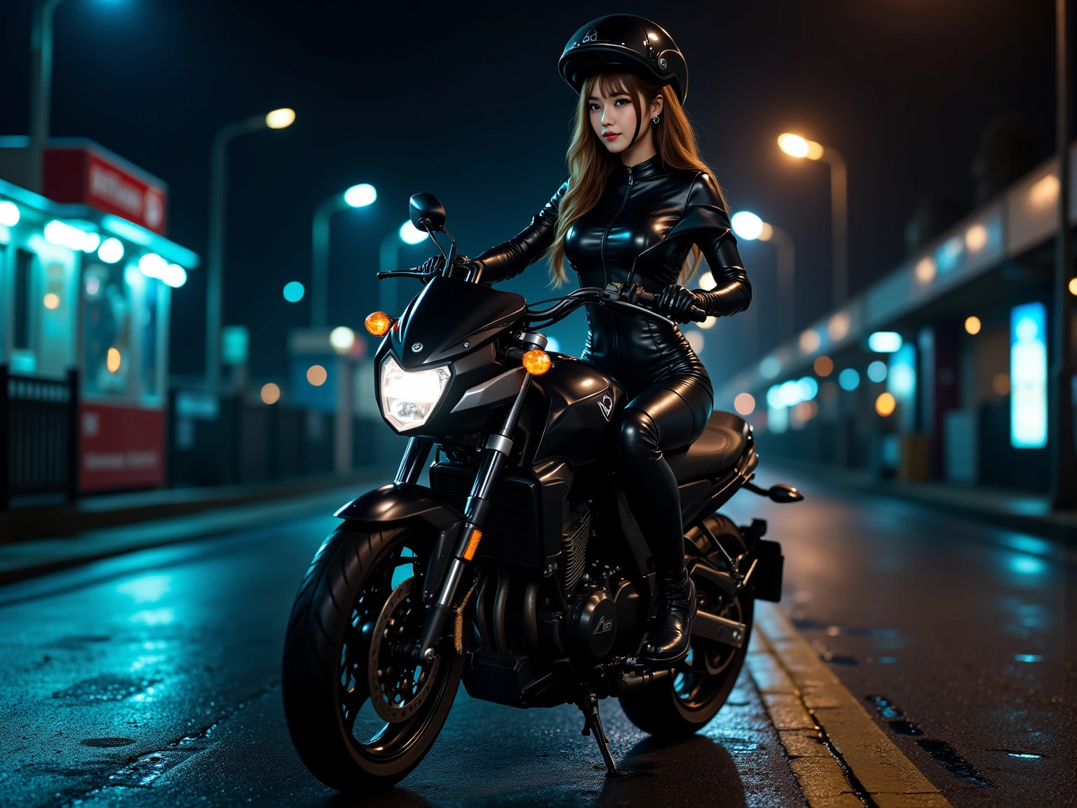 Beautiful and sexy woman in black leather full body suit, a woman riding a large motorcycle, long brown curly hair, hair blowing in the wind, red lipstick, Fujiko Mine from the anime Lupin III, Fujiko Mine, slender figure and beautiful bell-shaped breasts, high heeled black boots, Gotham City at night,