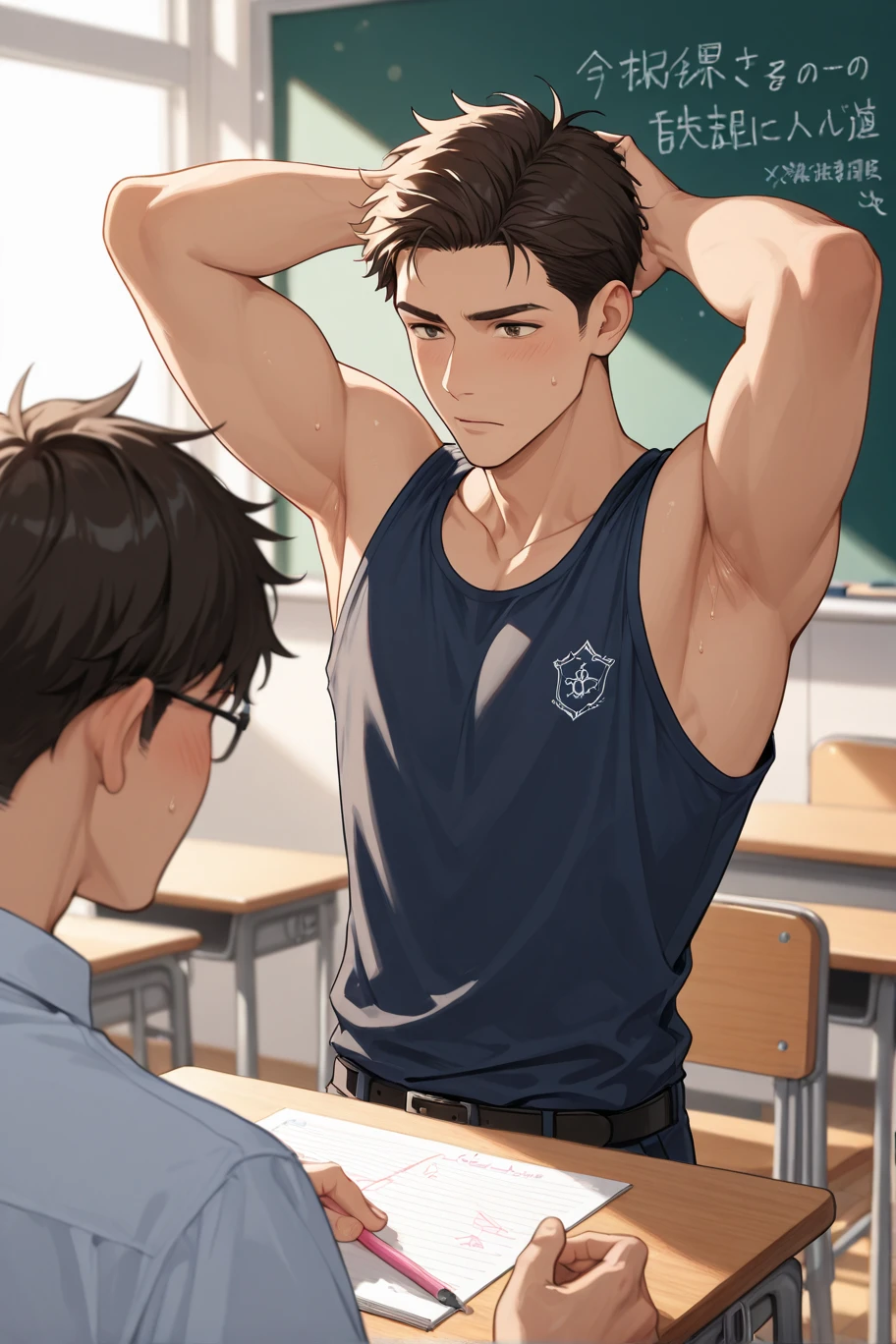2guys, muscle, talking, indoors, (masterpiece, best quality, absurd), school, classroom, sportswear, looking at each other, light blush,