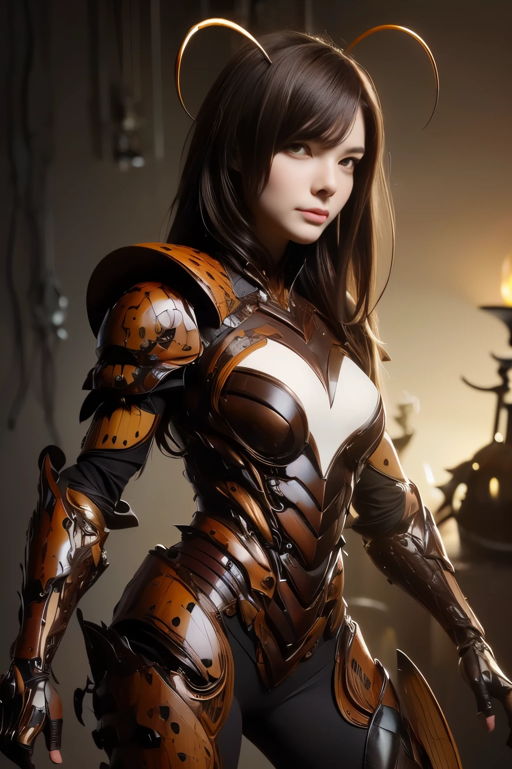 (high resolution,masterpiece,best quality,extremely detailed CG, anime, official art:1.4), realistic, photo, amazing fine details, all intricate, gloss and shiny,awesome many layers, 8k wall paper, 3d, sketch, kawaii, illustration,( solo:1.4), perfect female proportion,villainess, (fusion of dark brown cockroach and lady:1.4), (brown cockroach form lady:1.2), (brown cockroach lady:1.2), (fusion:1.2), (solo:1.4), (evil smile:1.2), muscular, abs, (cockroach brown exoskeleton bio insect suit:1.4), (cockroach brown exoskeleton bio insect armor:1.2), (brown transparency cockroach wing:1.4), (brown cockroach antennae:1.3),