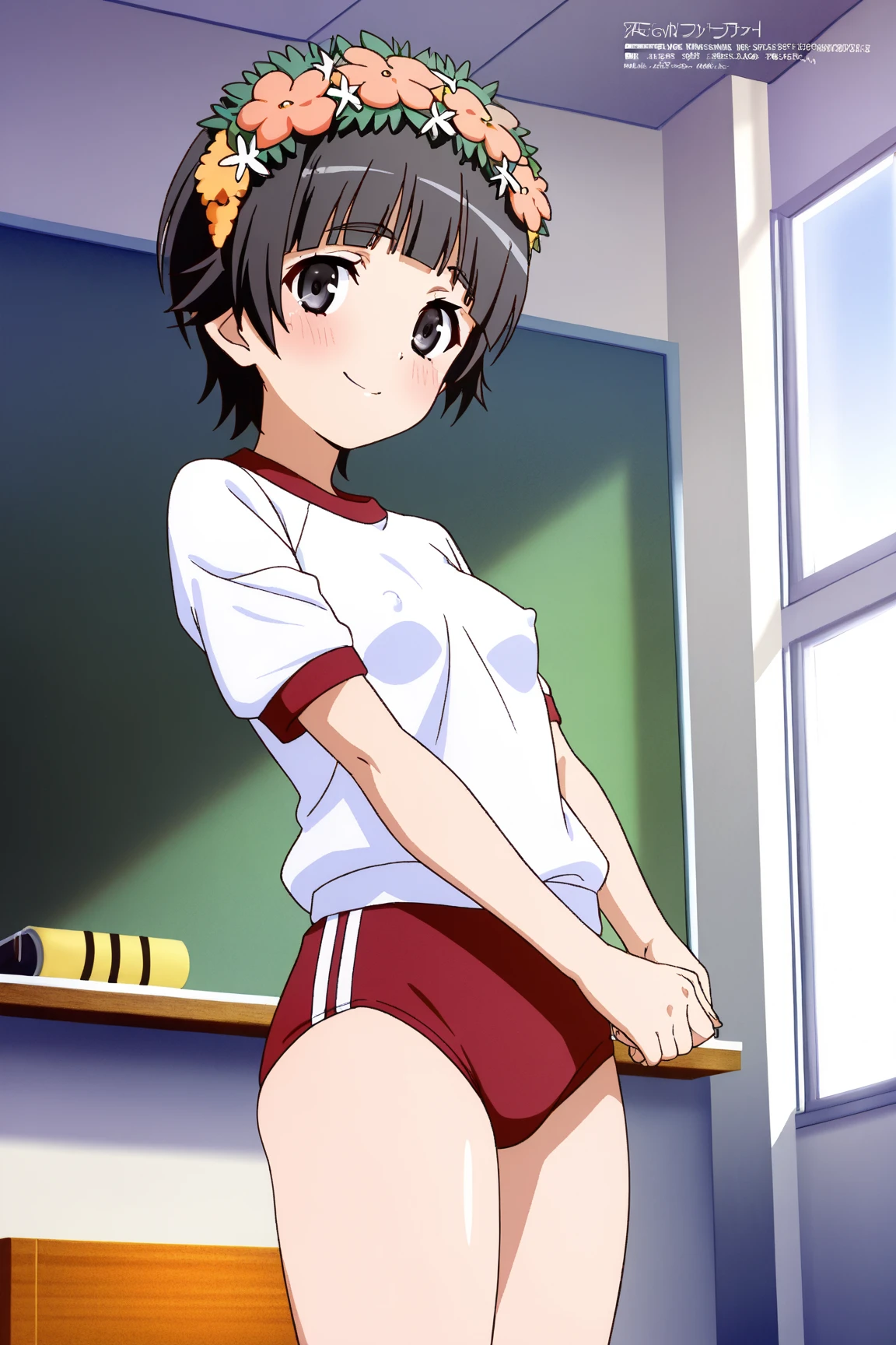 solo, 1girl, looking at viewer, 2D, , chihiro kosaka, , looking at viewer, smile,blazer,miniskirt,socks,classroom,(((lift skirt,panties)))